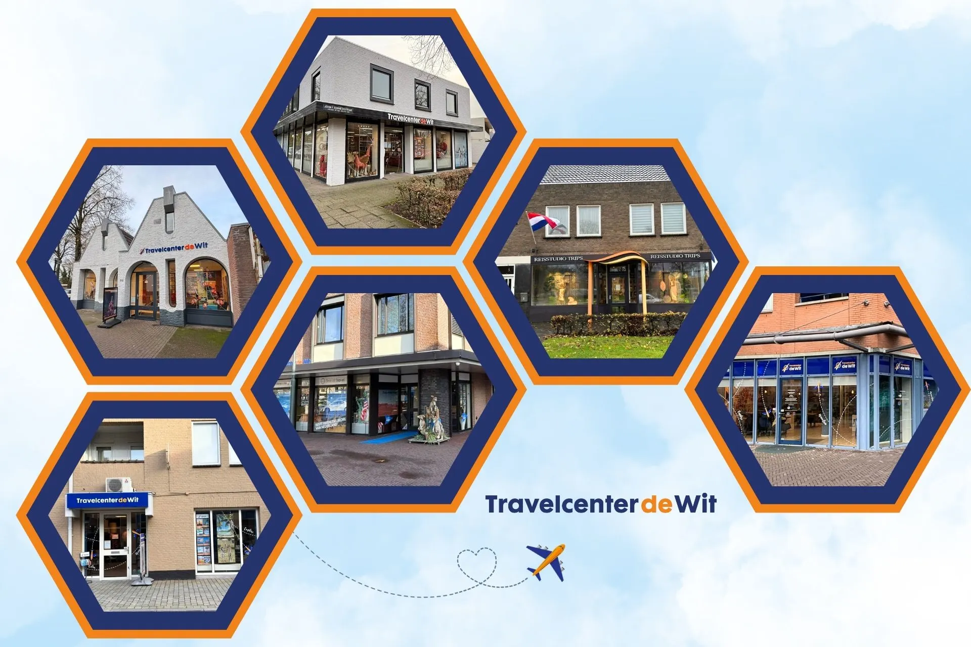 Mooie compositie van alle vestigingen van Travelcenter de Wit, Veghel, Heesch, Rosmalen, Uden, Gemert, Asten 