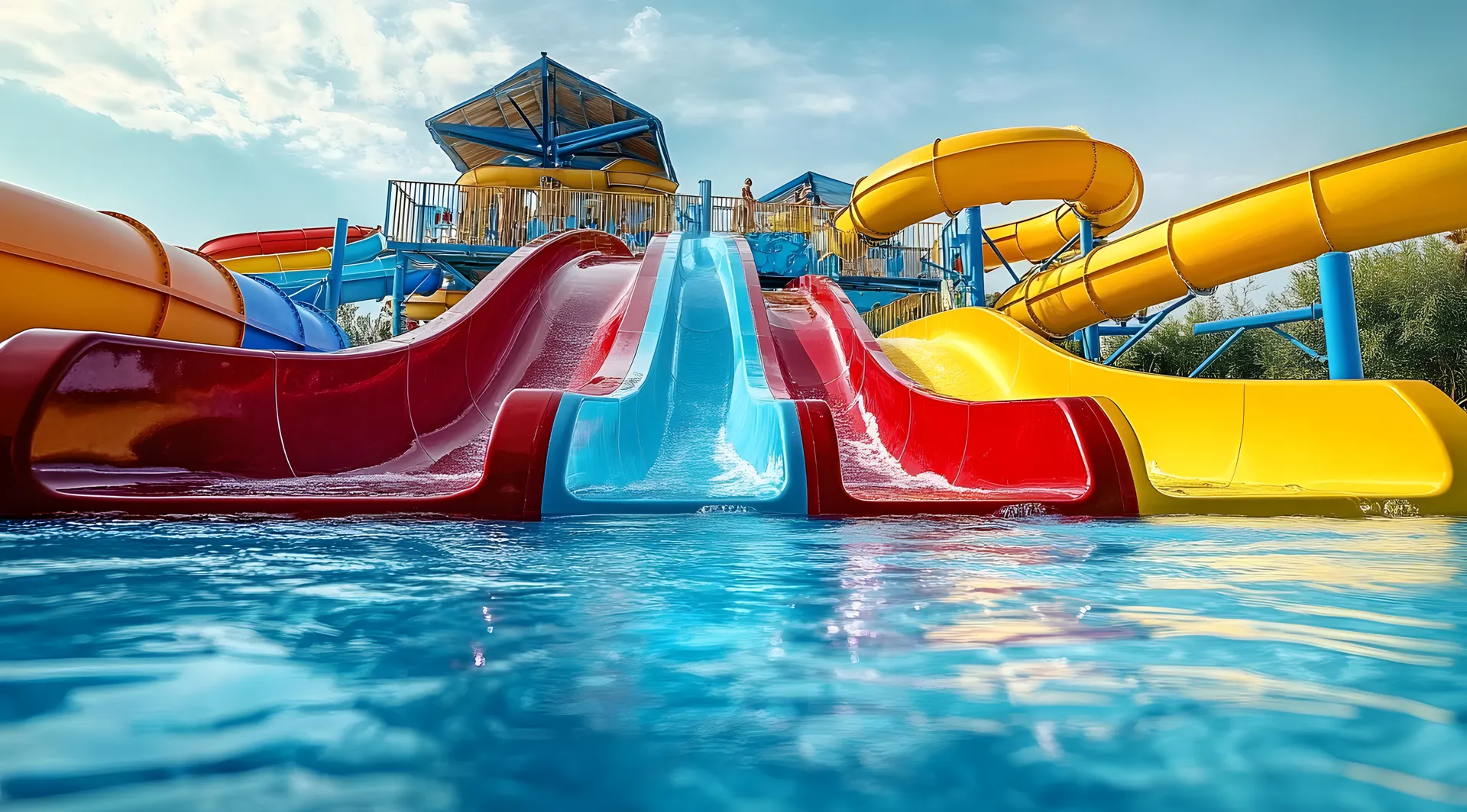 Hotels met waterpark in Egypte, Mallorca, Ibiza, Griekenland en nog veel meer. Kleurrijke waterglijbanen in een modern waterpark, met rode, gele en blauwe banen die uitkomen in een helderblauw zwembad. Op de achtergrond zijn extra glijbanen zichtbaar die kronkelend omhoog lopen naar een verhoogd platform met een zonovergoten hemel erboven. De glijbanen zijn gemaakt van glad kunststof en stralen plezier en avontuur uit, ideaal voor gezinnen, zomervakanties en recreatie in een tropische of zonnige omgeving.