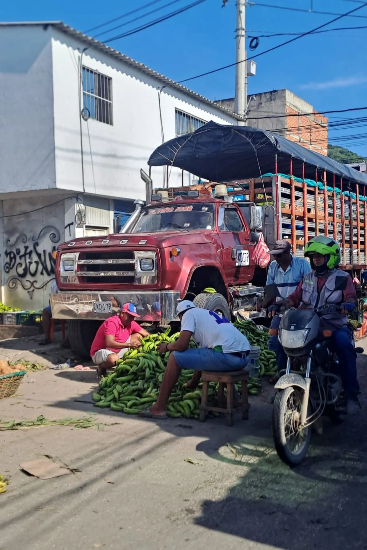 Straatscène met een rode vrachtwagen vol bananen, mensen die bananen sorteren en een motorfiets op de voorgrond, tegen een achtergrond van huizen en blauwe lucht.