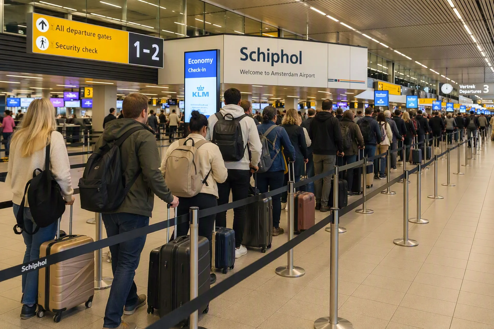 Reizigers met koffers wachten in een lange rij bij de check-in balies van Amsterdam Airport Schiphol. Borden met vertrekgates, security check en KLM-informatie zijn zichtbaar. De afbeelding illustreert de drukte op Schiphol tijdens vakantieperiodes en het belang van tijdig aanwezig zijn op de luchthaven.
