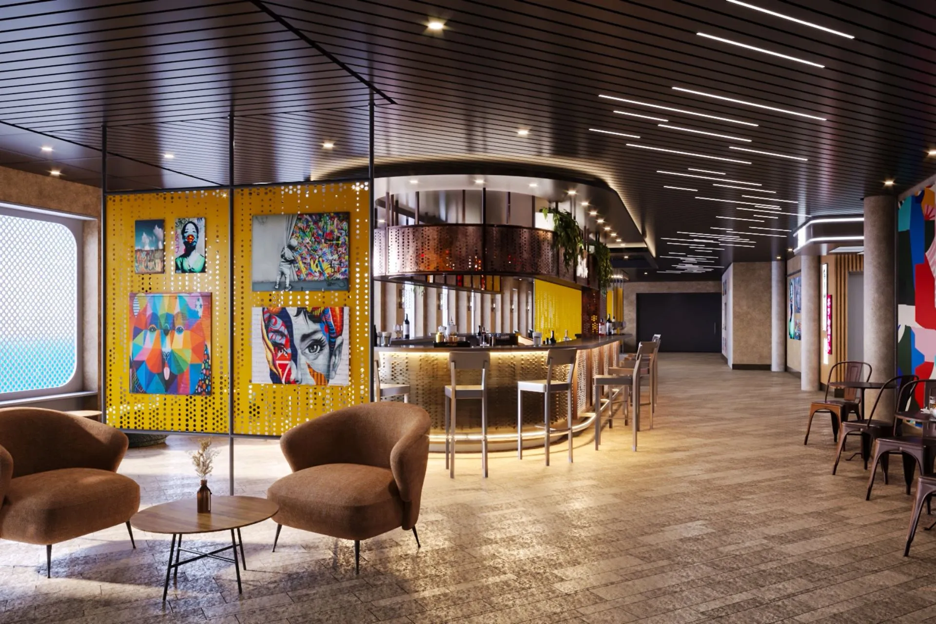 Stijlvolle bar en lounge op een Mein Schiff schip van TUI Cruises met moderne inrichting en kunst. Perfect voor een ontspannen drankje tijdens een luxe Premium All Inclusive cruise met ongedwongen sfeer.
