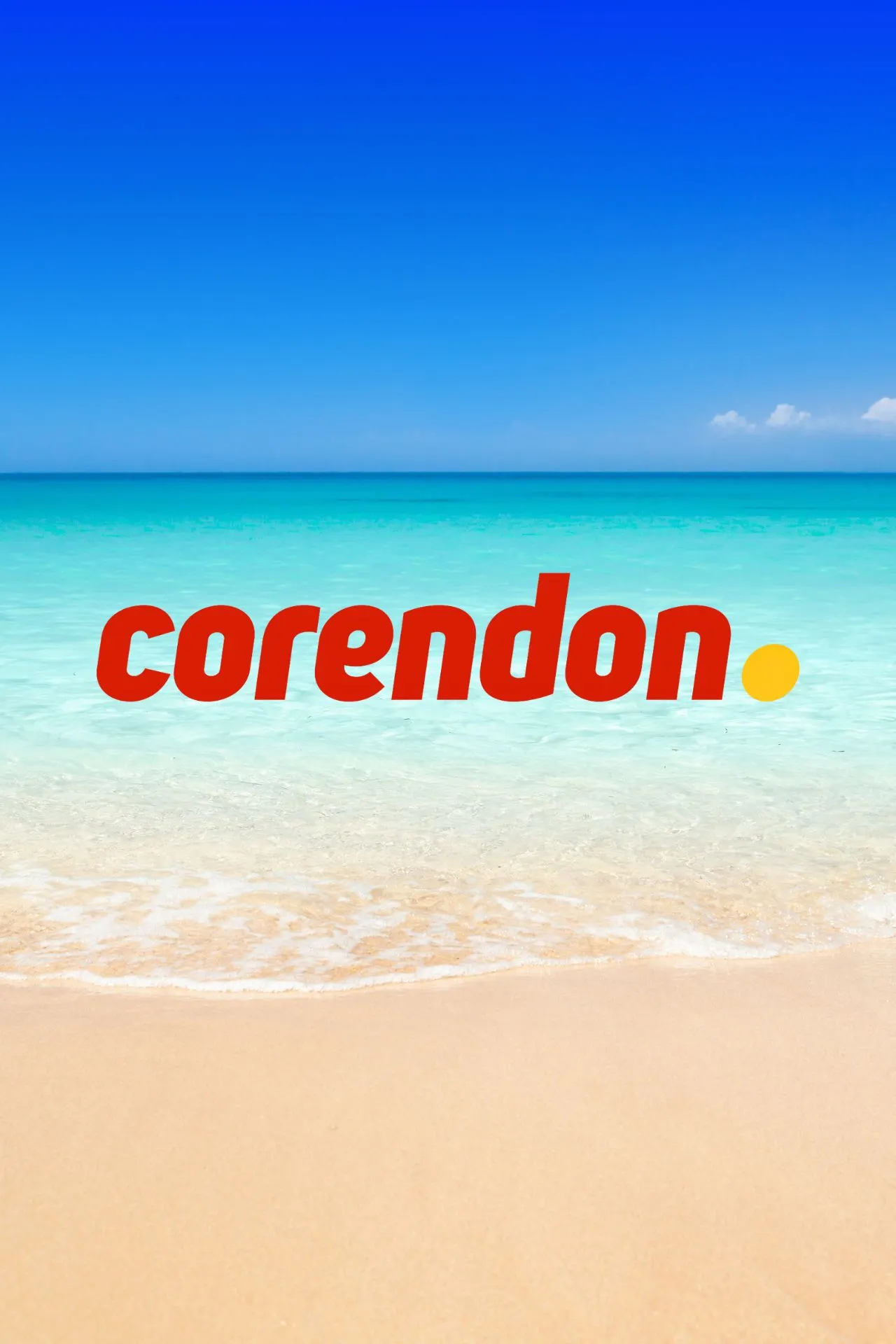 Corendon logo met een strandachtergrond.