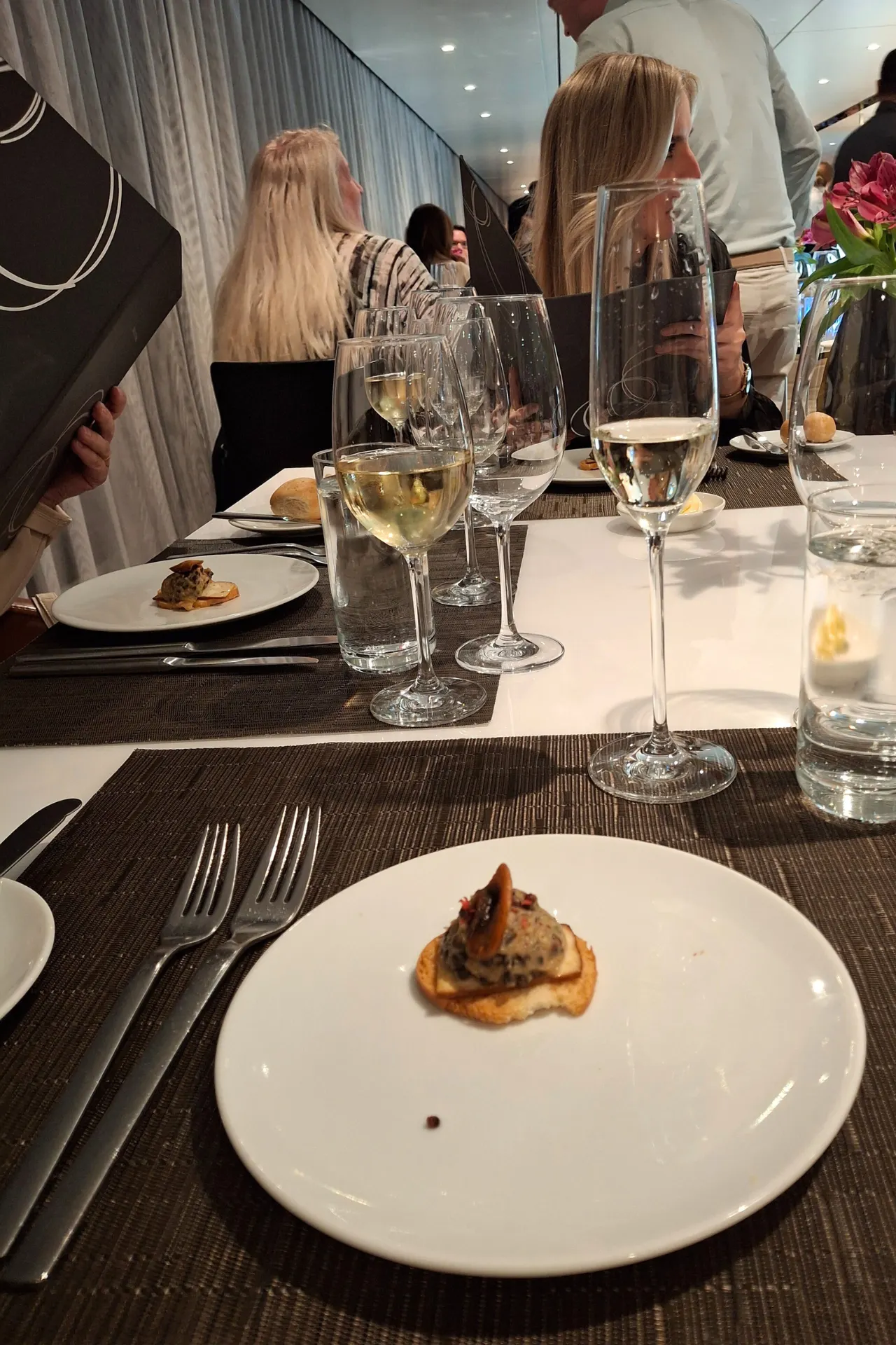 Gezellig diner aan boord van de Emerald Destiny, met een kleurrijk gerecht op een rond wit bord en glazen wijn erbij.
