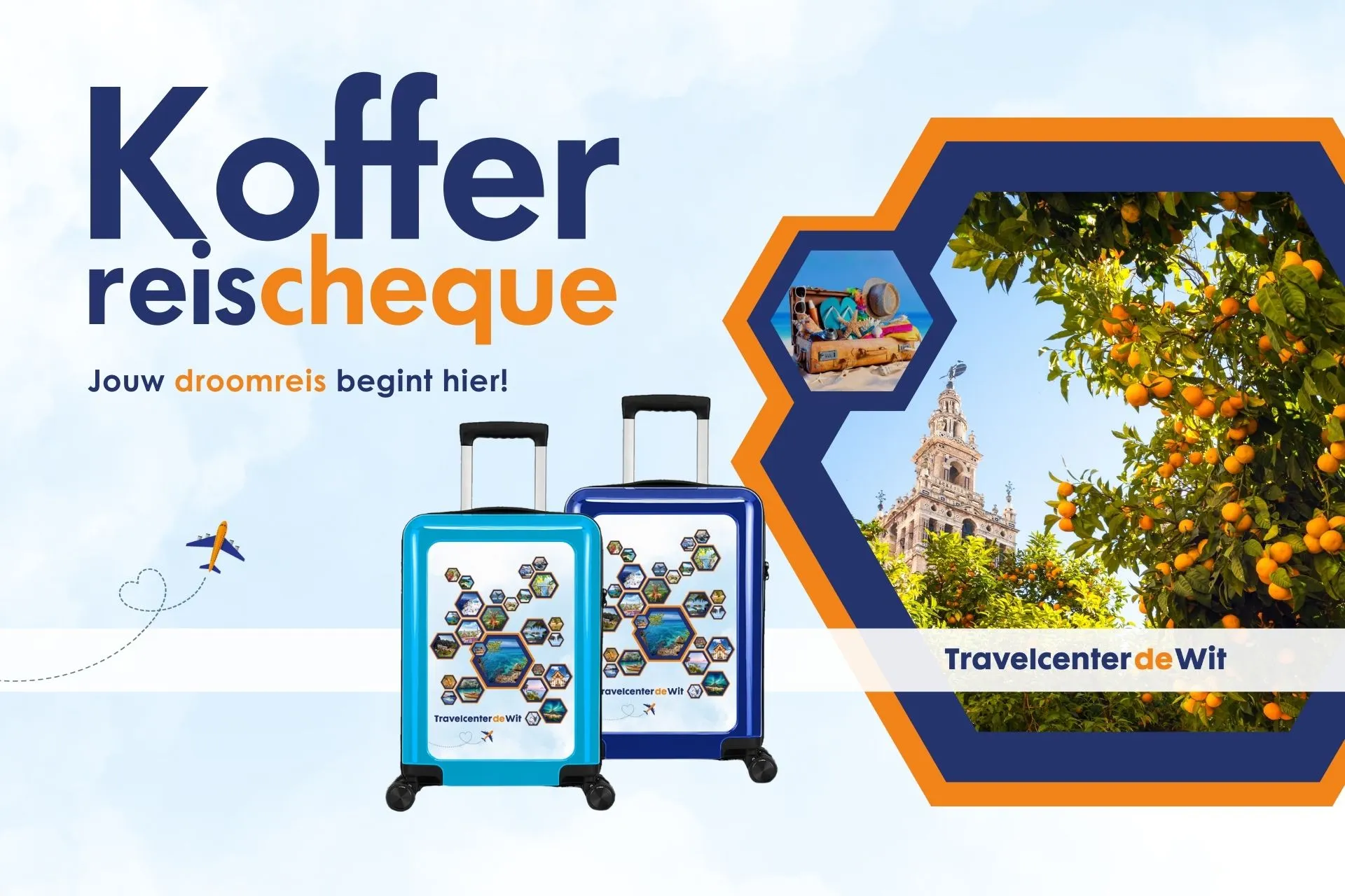 Voorbeeld van een Travelcenter de Wit reischeque web versie. Dit gaat over onze super geweldige actie van ontvang een gratis trolley bij een waardebon. 