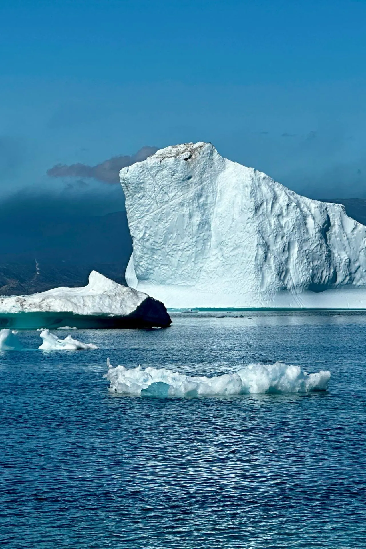 Uitgestrekte blauwe wateren met drijvende ijsschotsen en een imposante witte ijsberg vormen een indrukwekkend poollandschap zoals reizigers dat ervaren tijdens een expeditie cruise in afgelegen gebieden. De serene stilte, het heldere licht en de grootsheid van het ijs benadrukken de ongerepte natuur die kenmerkend is voor een expeditiecruise Antarctica en andere reizen naar de polen.