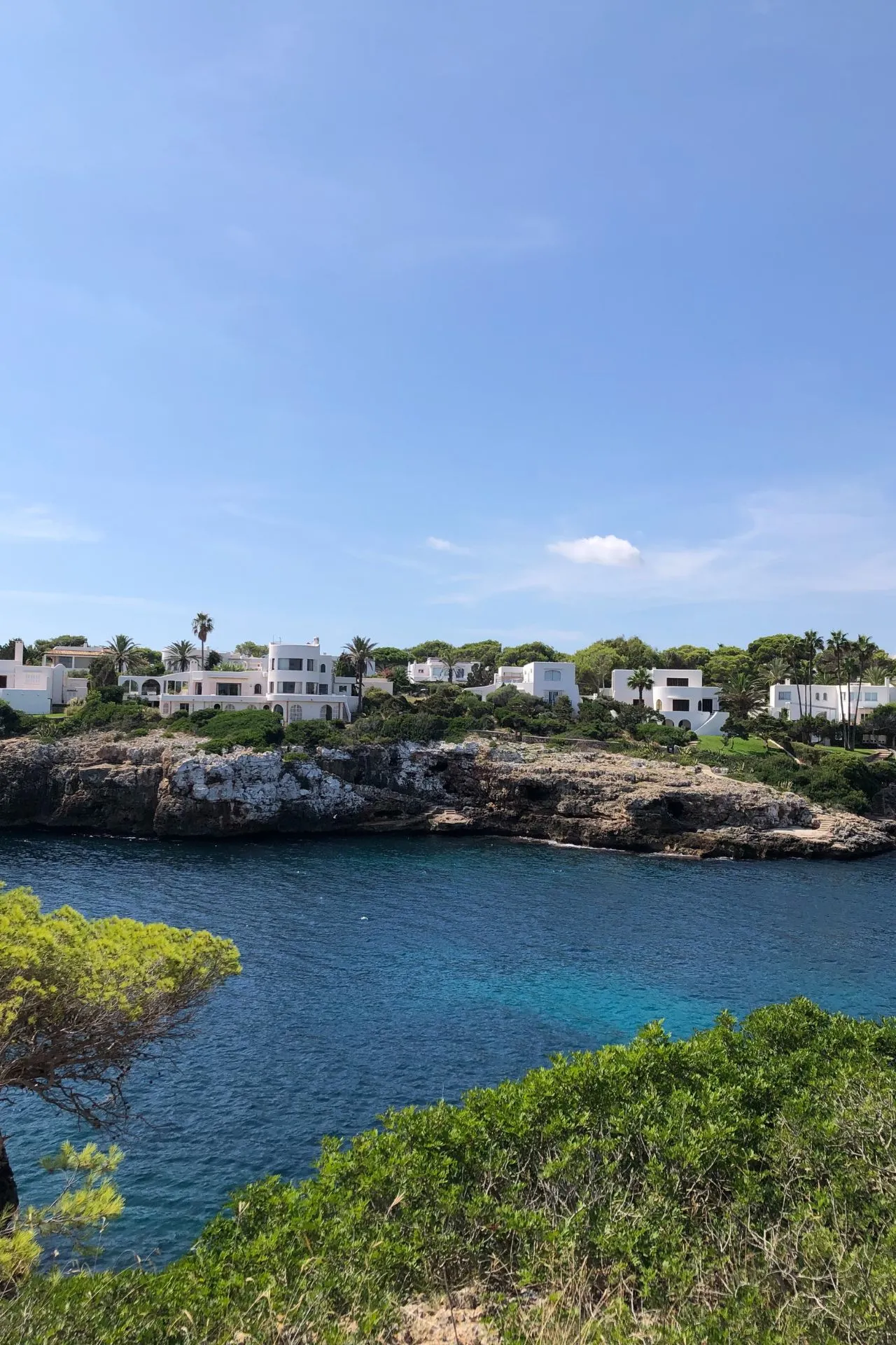 Uitzicht op de turquoise zee en rotsachtige kustlijn van Cala d’Or op Mallorca, omringd door witte villa’s en groene pijnbomen. Deze populaire vakantiebestemming biedt prachtige baaitjes, kristalhelder water en een rustige sfeer voor zonliefhebbers en natuurliefhebbers. Ideaal voor een strandvakantie, snorkelen of een roadtrip langs de oostkust van Mallorca.