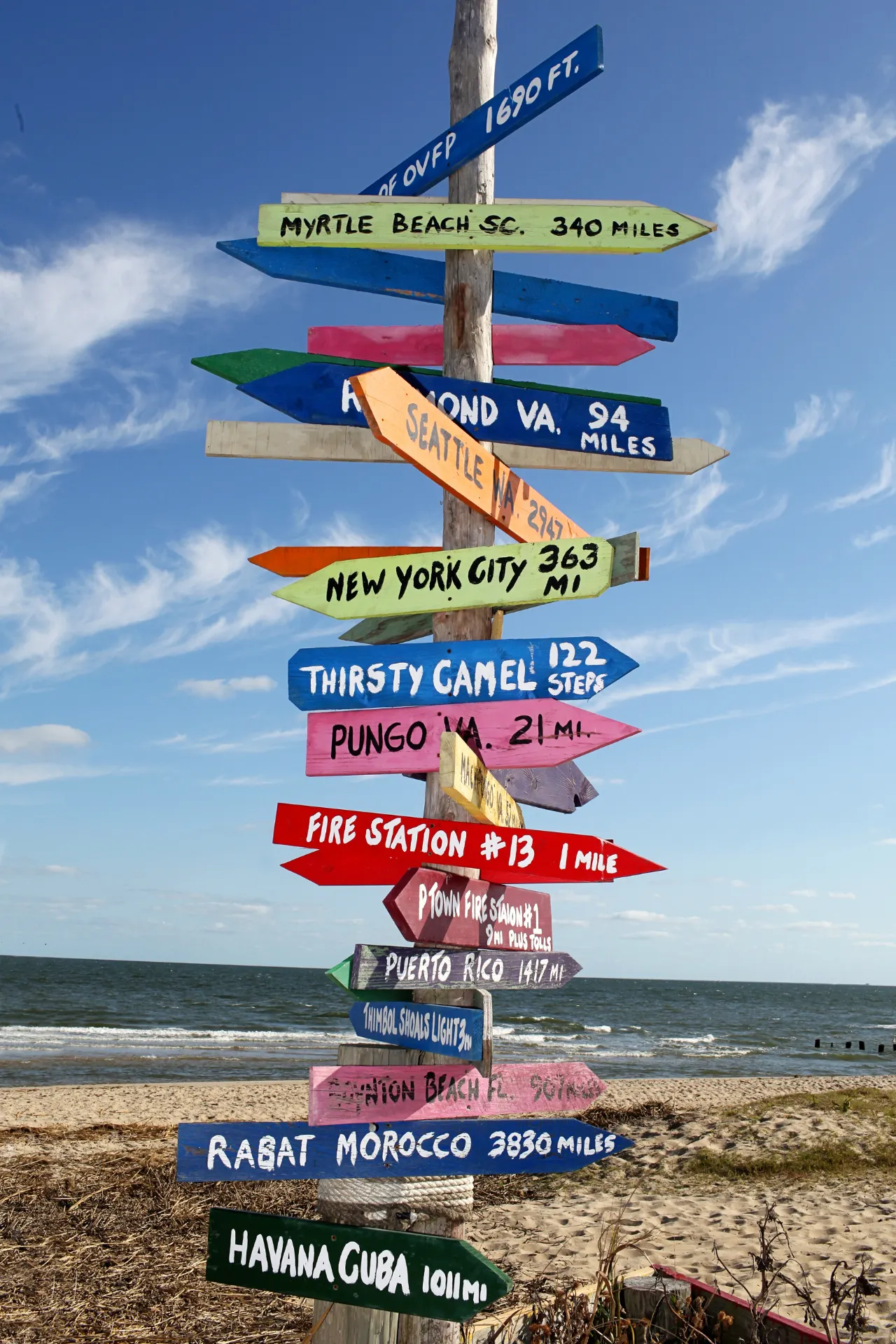 kleurrijke wegwijzer op het strand met verschillende landen erop geschilderd, die de richting van verschillende bestemmingen aangeeft.