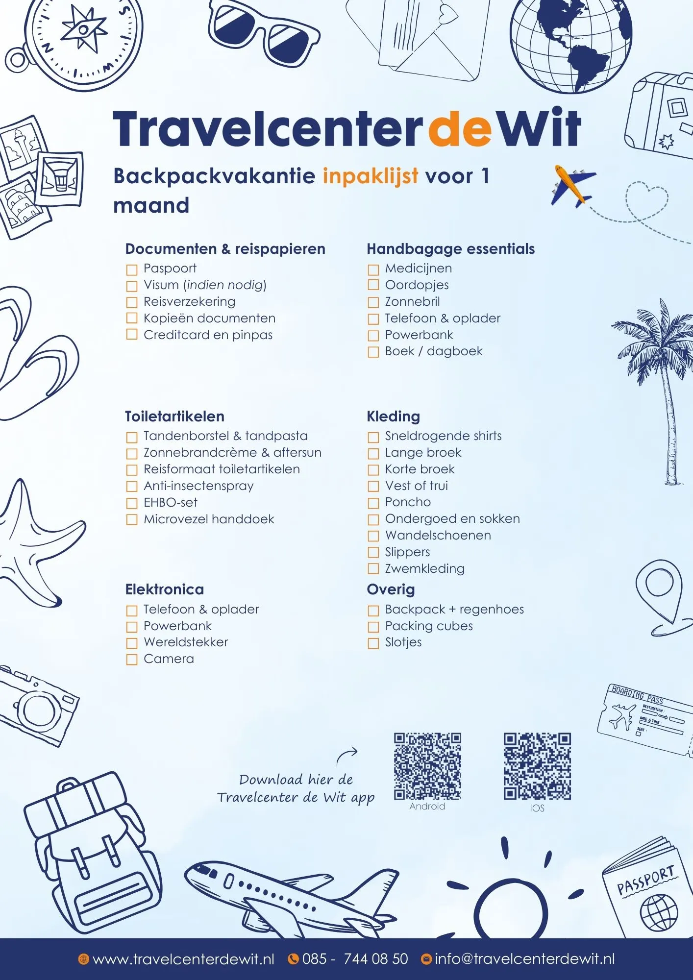 Illustratieve inpaklijst voor een backpackvakantie van één maand, vormgegeven door Travelcenter de Wit. De afbeelding toont een overzichtelijke checklist met essentiële spullen voor een lange reis, waaronder documenten en reispapieren zoals paspoort, reisverzekering en creditcard, handbagage essentials zoals medicijnen, powerbank en telefoonoplader, toiletartikelen, elektronica en kleding zoals sneldrogende shirts, wandelschoenen en zwemkleding. Ideaal voor backpackers die georganiseerd op wereldreis gaan.
