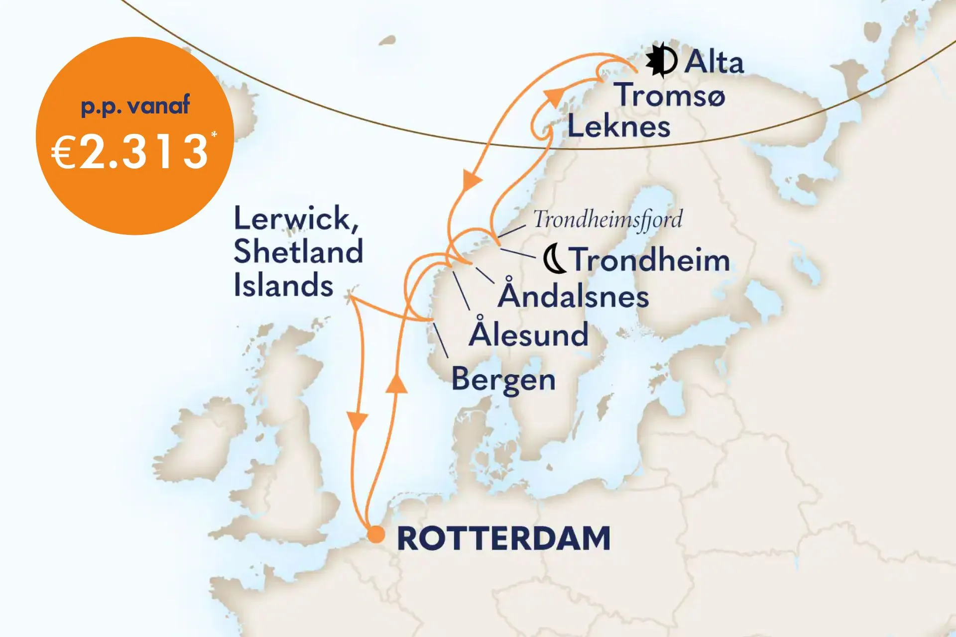 Cruise van Rotterdam naar het hart van Scandinavië met stops in Skjolden, Sandnes (Stavanger), Oslo en Skagen.