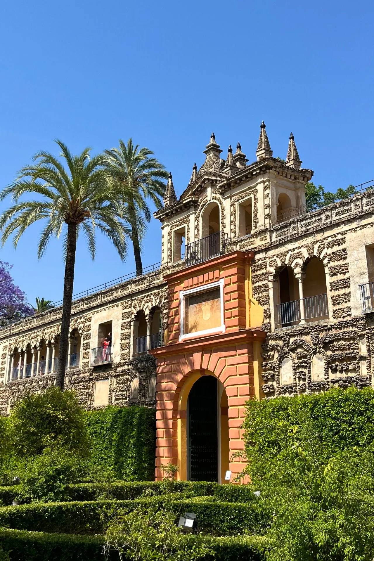 Uitzicht op de rijk versierde gevel van het Real Alcázar in Sevilla, met barokke details en een oranje poort in het midden. Hoge palmbomen en groene heggen omlijsten het historische gebouw onder een strakblauwe lucht.

