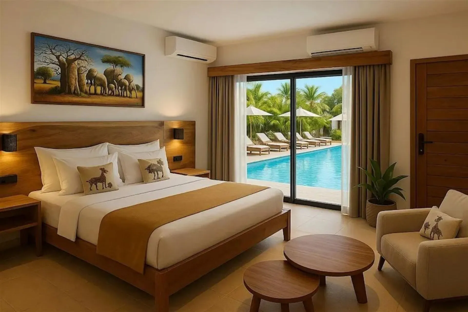 Luxe kamer van Jaz Amaluna Beach Resort op Zanzibar met moderne inrichting, warme natuurlijke tinten en directe toegang tot het zwembad. Het adults only resort aan Uroa Beach biedt comfortabele kamers, een rustige sfeer en hoogwaardige faciliteiten voor een ontspannen verblijf aan de oostkust van Zanzibar.