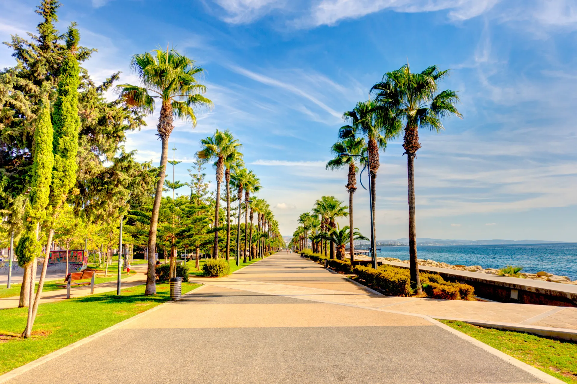 Zonnige boulevard van Limassol waar stad en zee samenkomen, omringd door wuivende palmbomen.