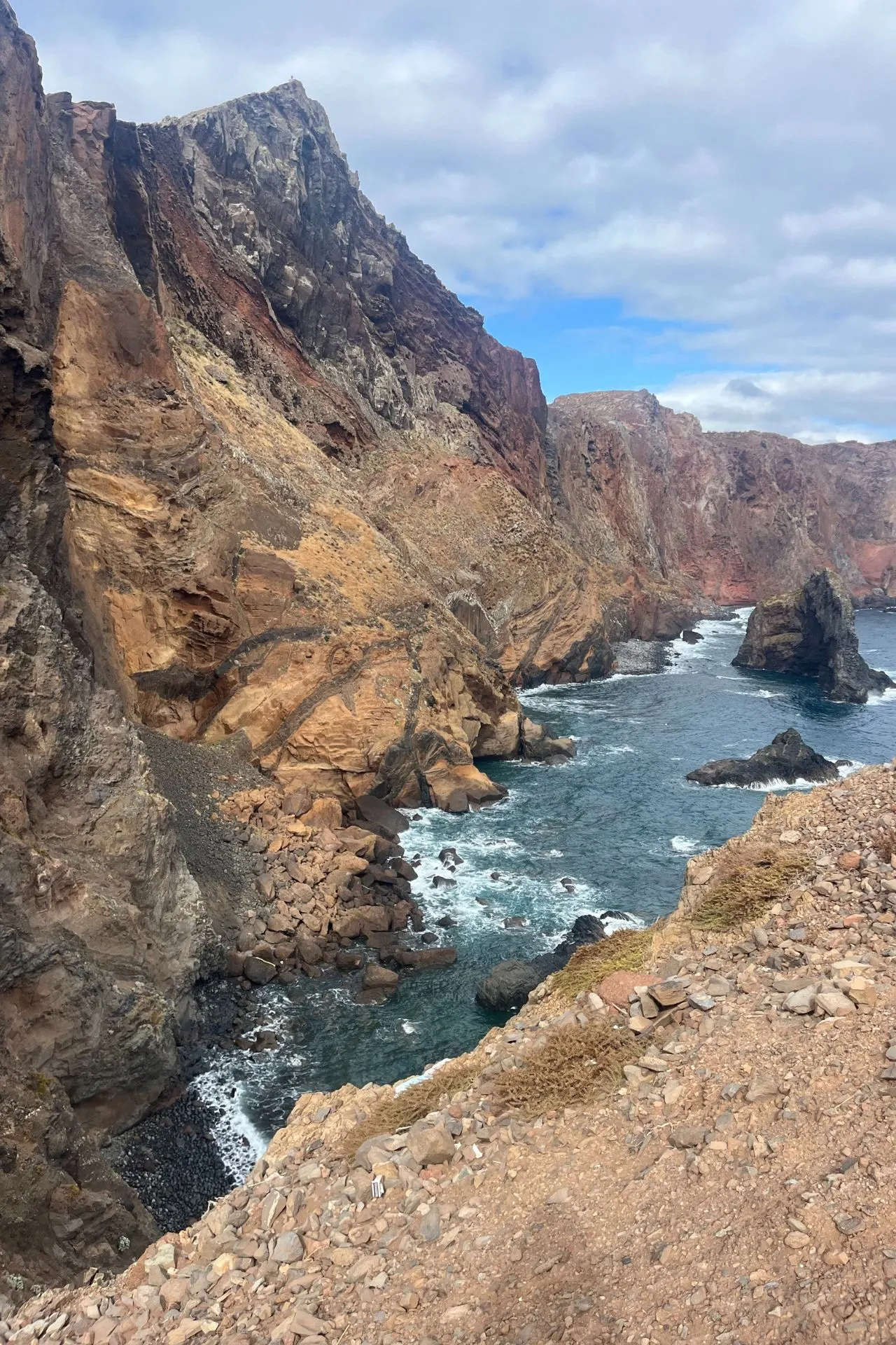 Steile rotsformaties aan de kust van Madeira met golven die tegen de kliffen slaan. De rotsen hebben roodbruine tinten en contrasteren met het blauwe water.
