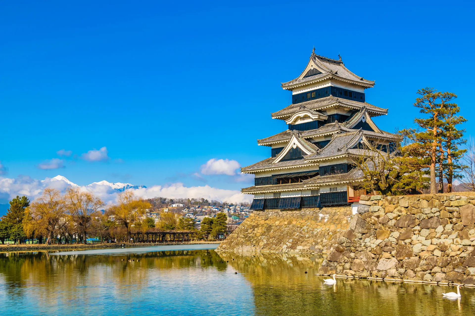Tempel aan het water op Honshu, Japan, met een heldere blauwe lucht en Mount Fuji op de achtergrond.