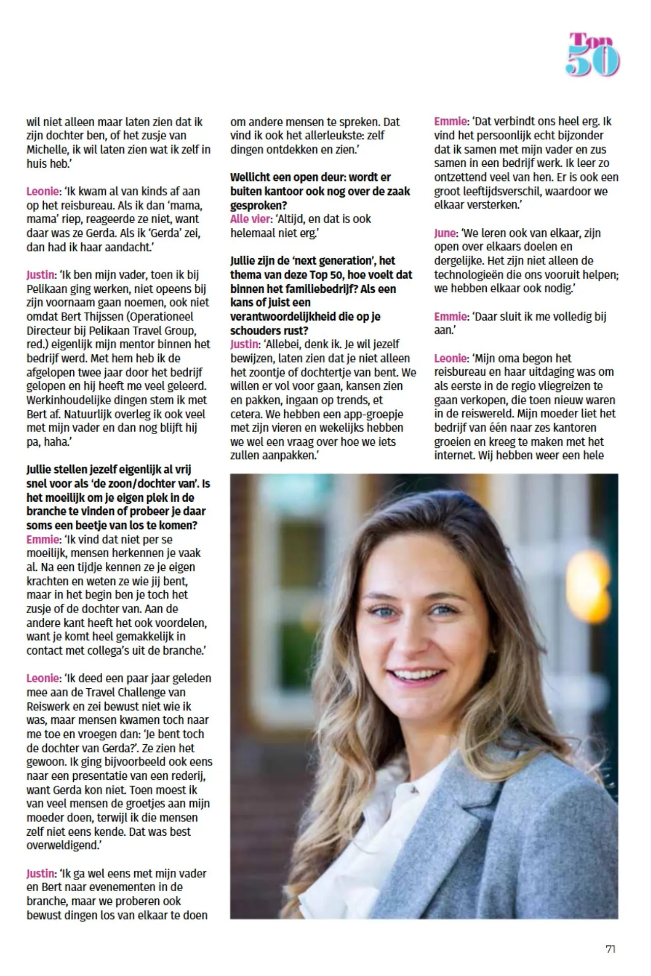 Pagina uit TravMagazine met het artikel “De directeuren van morgen” uit de Top 50: The Next Generation. De tekst bevat een interview met jonge ondernemers uit familiebedrijven in de reisbranche, waaronder Leonie Wünker (Klooster Reizen), June Römer (Kupers Reisinfo), Emmie de Wit (Travelcenter Nederland) en Justin Goverde (Pelikaan Travel Group). Onderaan staat een foto van Emmie de Wit in een grijze blazer en witte blouse, gefotografeerd voor een houten deur en bakstenen gevel.