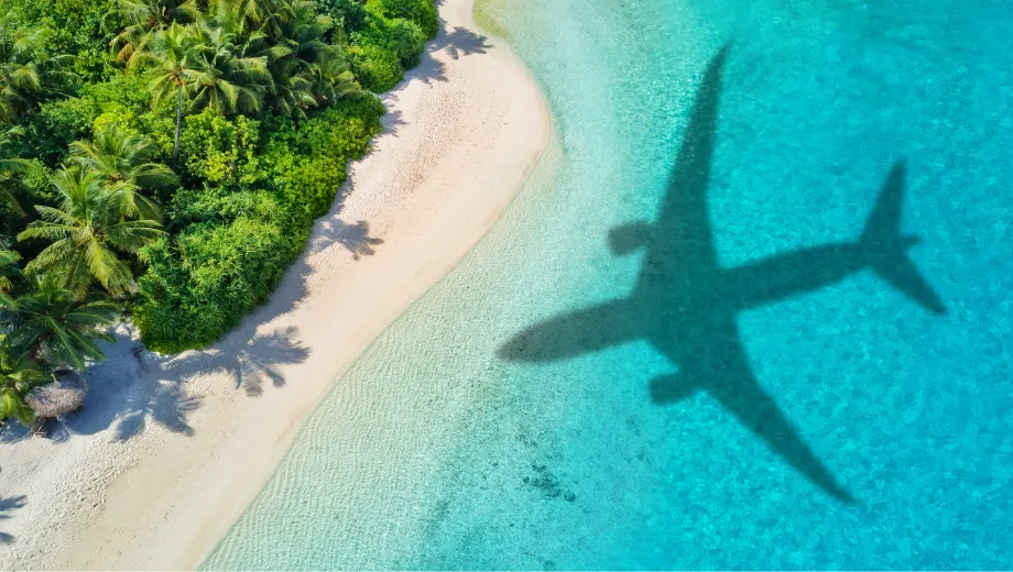 Schaduw van een vliegtuig boven helder turquoise water langs een tropisch strand met witte zandkust en weelderige groene palmbomen. Perfecte bestemming voor een exotische vakantie, vliegreizen en paradijselijke eilanden. Ideaal voor reizigers die dromen van zon, zee en luxe resorts in een serene omgeving. Ontdek kristalheldere oceaan, ongerepte natuur en ultieme ontspanning op een tropische locatie met adembenemend uitzicht en exclusieve reiservaring.