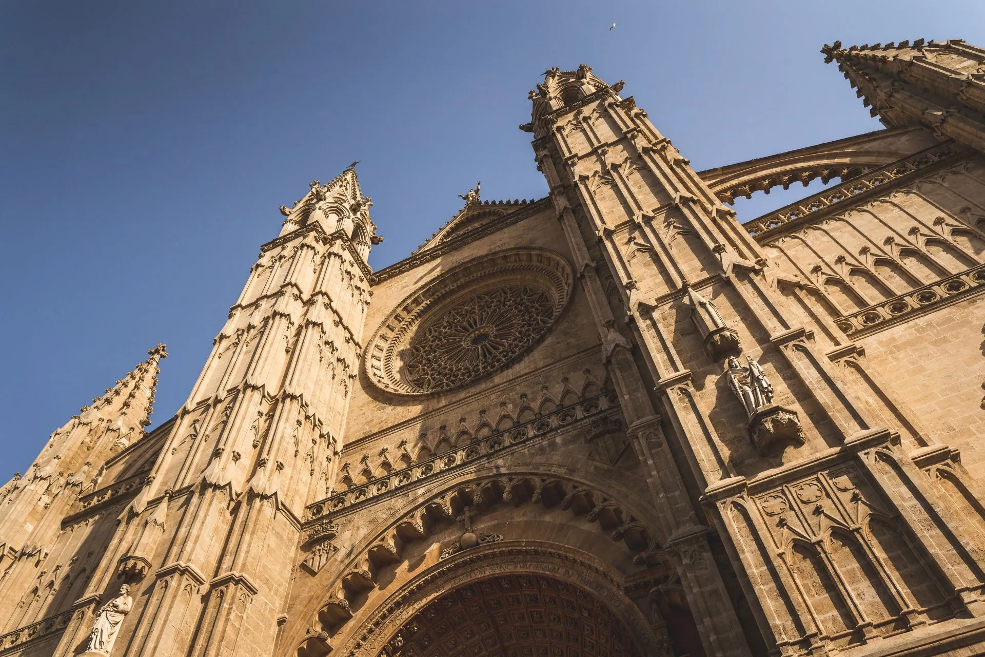 Close-up van de indrukwekkende gevel van Kathedraal La Seu in Palma de Mallorca, Spanje, met gedetailleerde gotische architectuur, hoge torens en een prachtig roosvenster tegen een heldere blauwe lucht. Deze iconische bezienswaardigheid is een must-see tijdens een stedentrip naar Mallorca en een van de mooiste historische gebouwen van het eiland.
