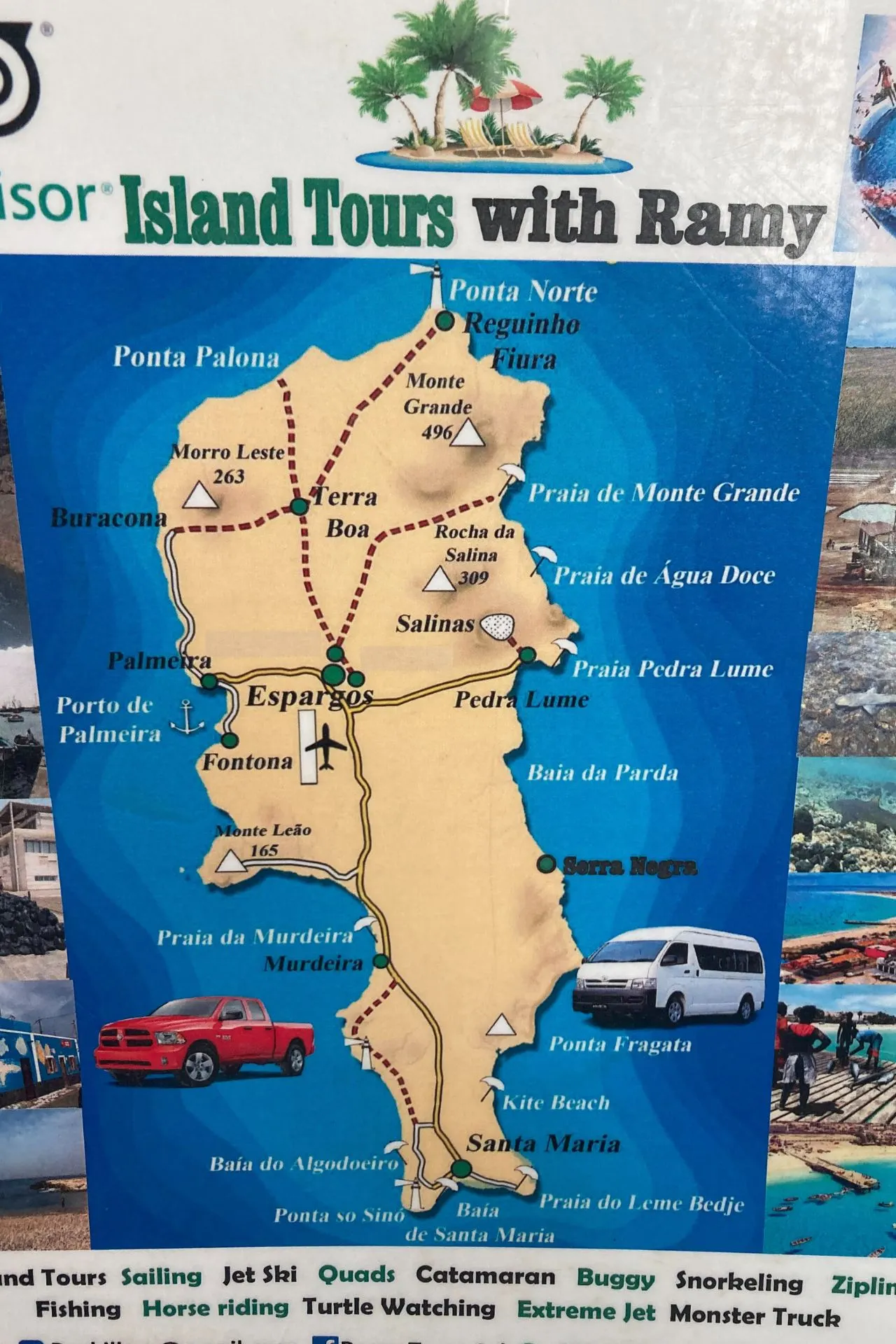 Gedetailleerde kaart van het eiland Sal op Kaapverdië met aanduidingen van steden, stranden, natuurgebieden en excursieroutes zoals Santa Maria, Pedra Lume en Monte Grande. Deze kaart geeft een goed overzicht van de veelzijdigheid van het eiland en is ideaal voor het plannen van een rondreis Kaapverdië. Voor reizigers die bezienswaardigheden Kaapverdië willen ontdekken, laat dit beeld zien hoe compact maar afwisselend het eiland is.