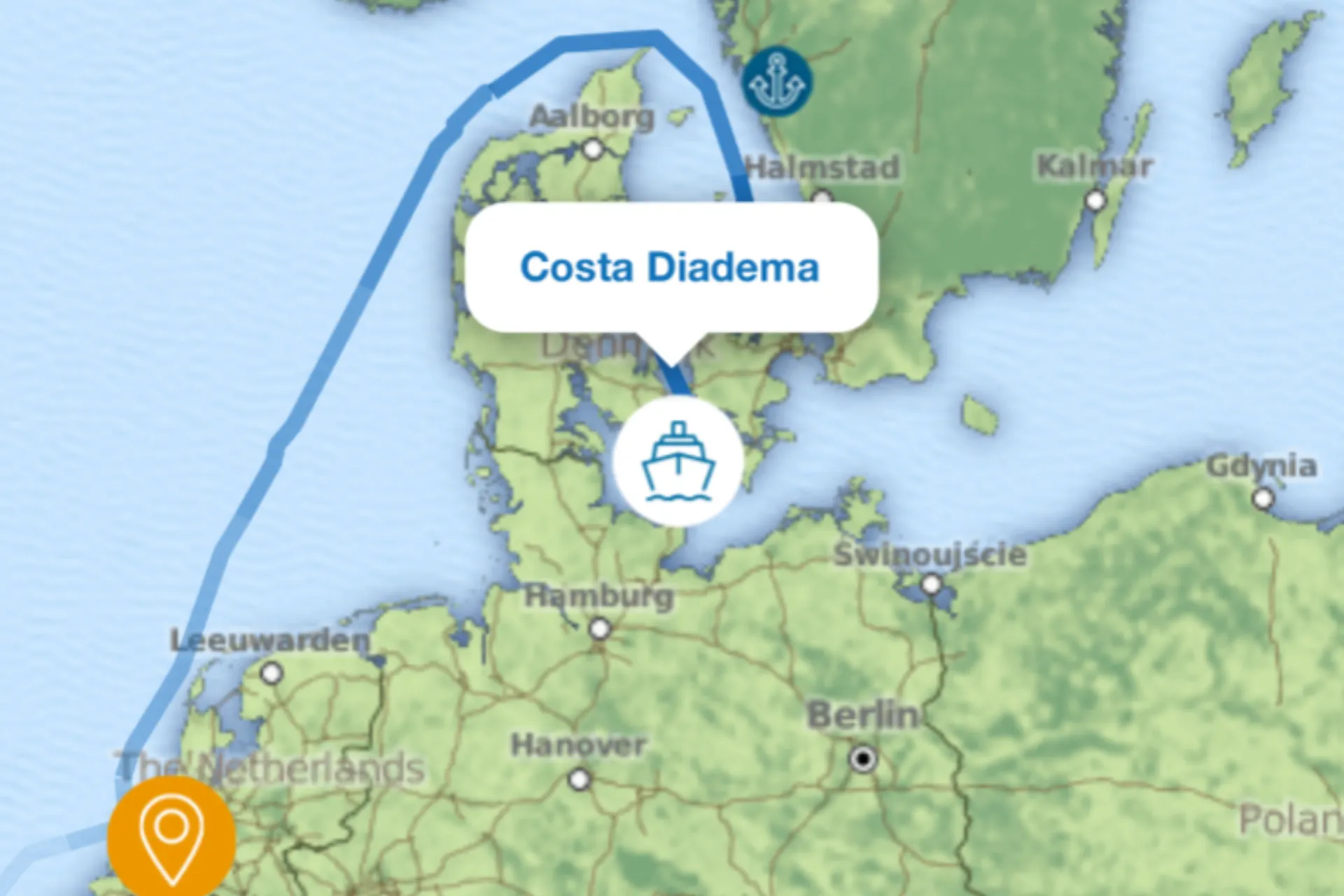 Kaart met de route van de Costa Diadema van Rotterdam naar Kiel over zee.