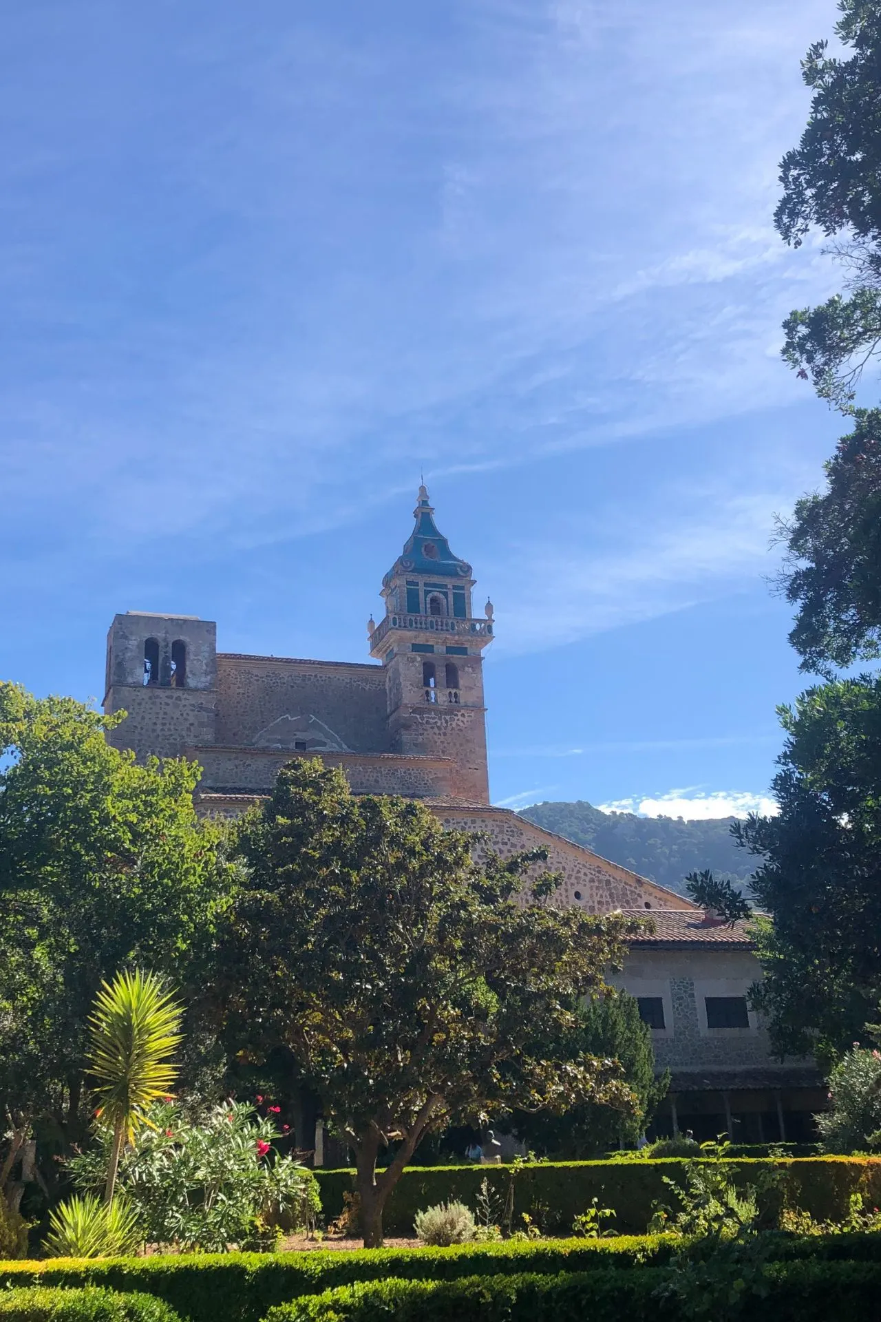 Uitzicht op de historische kerk van Valldemossa op Mallorca, omringd door een groene tuin met palmbomen en mediterrane planten, tegen een achtergrond van bergen en blauwe lucht. Valldemossa is een van de mooiste dorpen van Mallorca en staat bekend om zijn klooster, sfeervolle pleinen en panoramische uitzichten. Populaire bestemming voor een excursie tijdens een Mallorca-vakantie.
