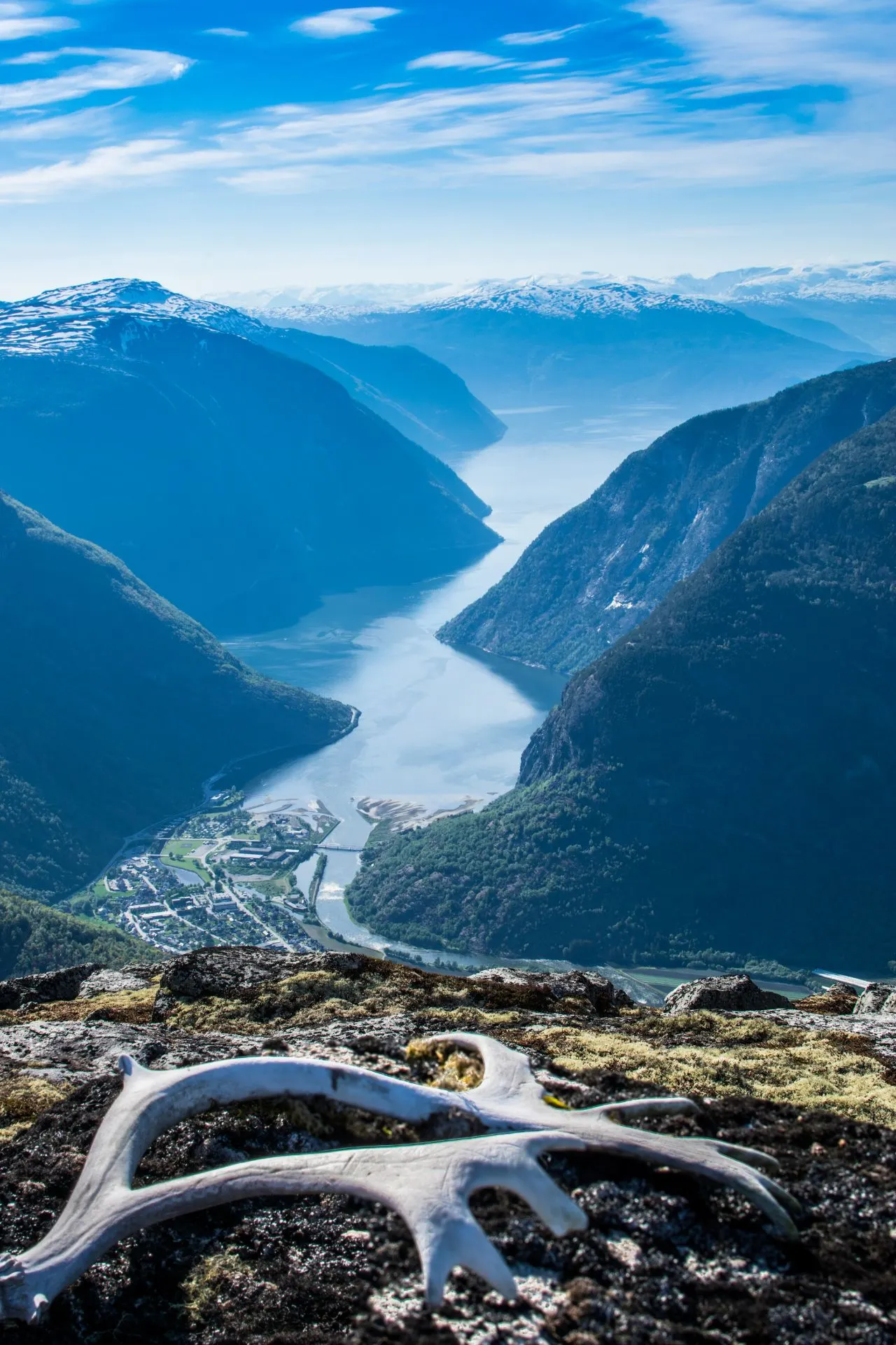 Een indrukwekkend uitzicht over een diepe fjord omringd door hoge bergwanden en sneeuwtoppen benadrukt de avontuurlijke schoonheid van noordelijke bestemmingen die uitstekend passen bij een familie cruise. De combinatie van ruige natuur, frisse lucht en panoramische vergezichten creëert een onvergetelijke ervaring voor een gezinscruise, waarbij zowel volwassenen als kinderen samen kunnen genieten van het ontdekken van spectaculaire landschappen.