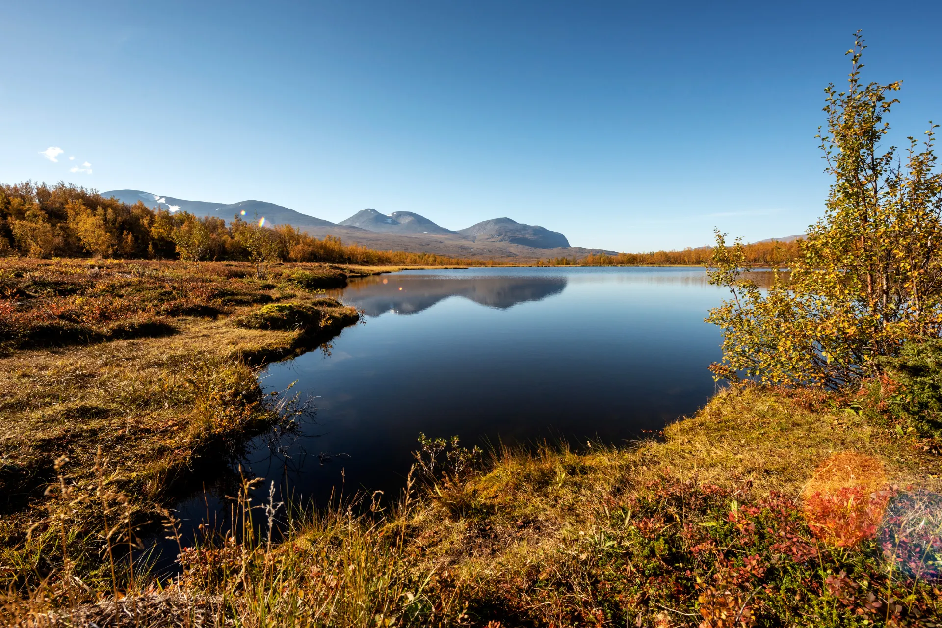 Adembenemend uitzicht in Norrbotten, Noord-Zweden, met een rustig meer omringd door weelderig groen en majestueuze bergen op de achtergrond.