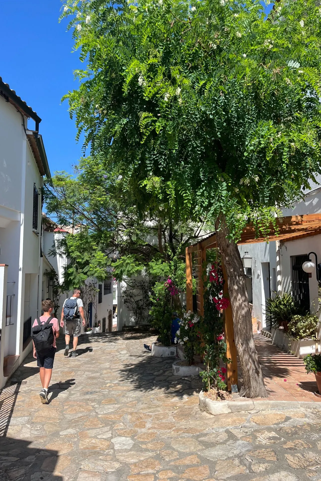 Smal geplaveid straatje in een mediterraan dorp, omringd door witte huizen en groene bomen. Langs de gevels staan bloeiende planten en houten pergola’s. Twee wandelaars met rugzakken lopen over het zonovergoten pad onder een heldere blauwe lucht.