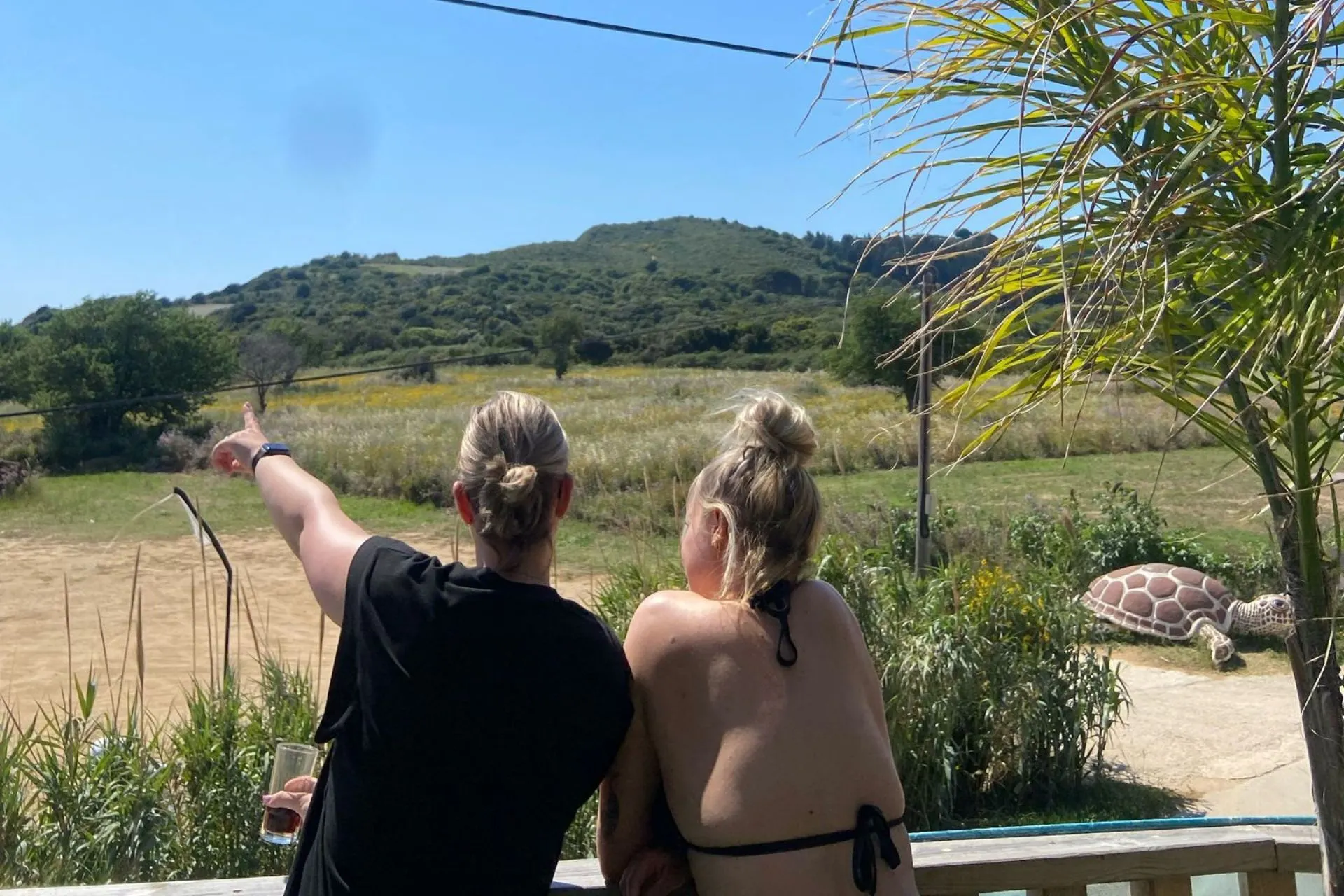 Twee personen kijken uit over een groen heuvelachtig landschap vanaf een terras op Zakynthos, met een schildpadbeeld op de achtergrond.