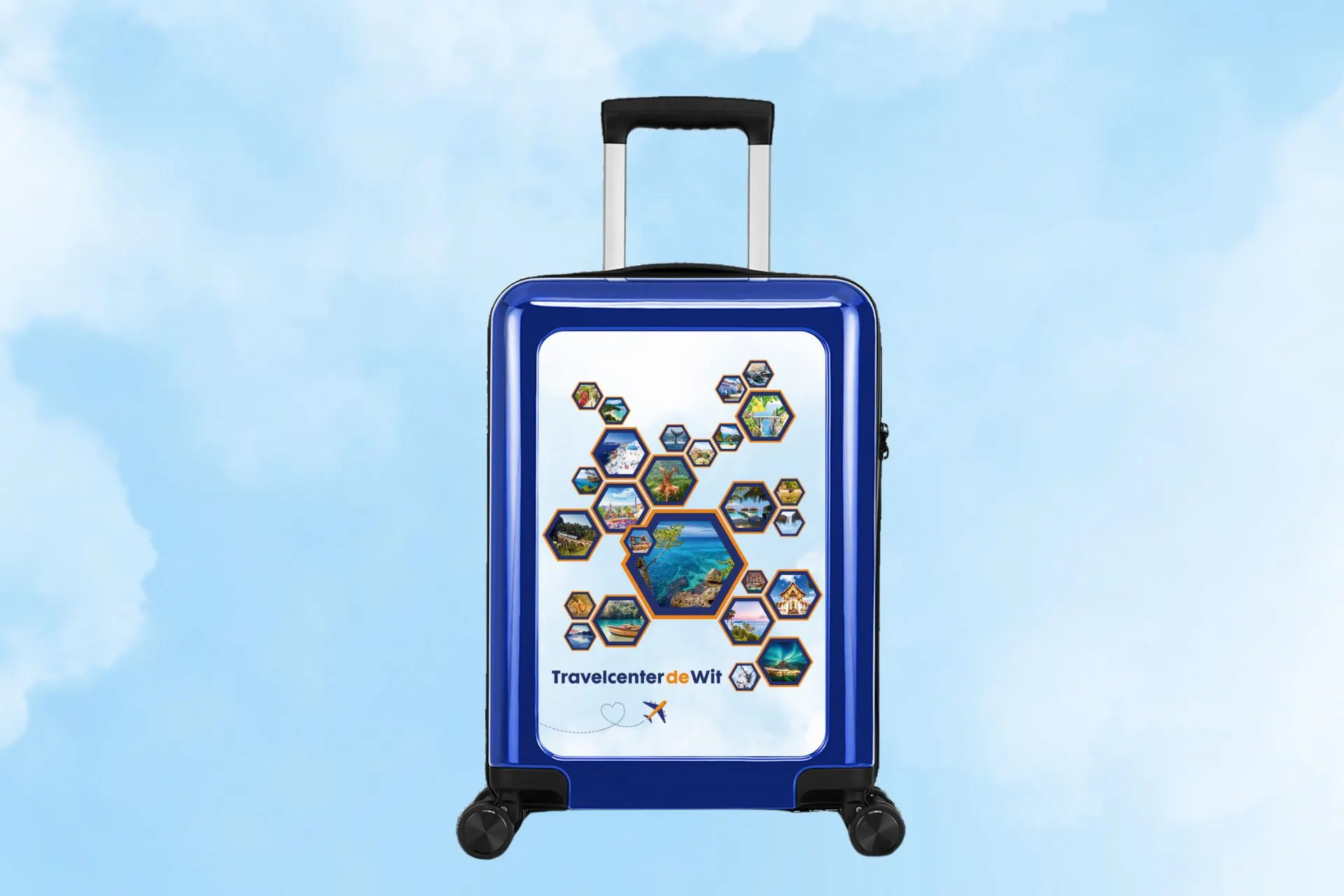 Donkerblauwe handbagagekoffer met unieke reisinspiratie-opdruk, perfect voor korte trips en gemakkelijk te vervoeren met vier zwenkwielen.