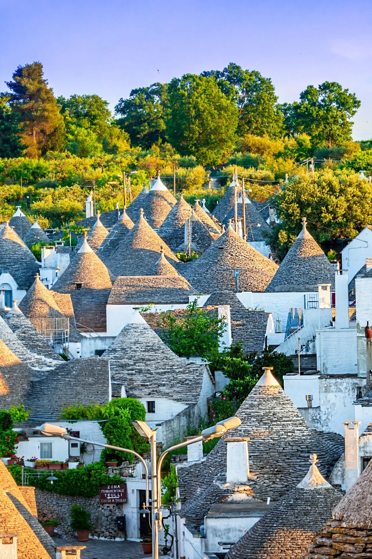 "Panoramisch uitzicht op de iconische trulli-daken in Alberobello, Puglia, Italië. Deze unieke kalkstenen huizen met kegelvormige daken liggen tussen groene heuvels en wijngaarden. Alberobello is een UNESCO-werelderfgoed en een must-see bestemming voor liefhebbers van cultuur, architectuur en authentieke Italiaanse charme. Ontdek de geschiedenis, lokale tradities en het prachtige landschap van Zuid-Italië."