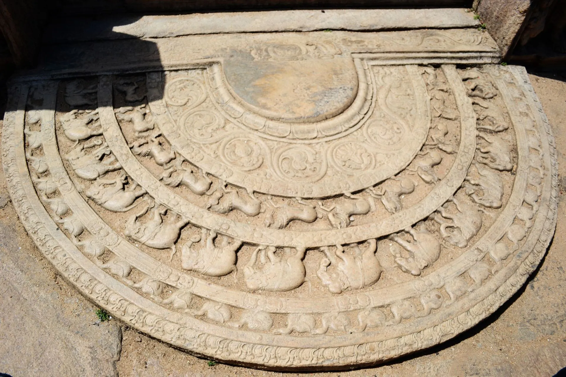 Detailopname van een prachtig bewerkte maansteen (sandakada pahana) bij een oude tempelingang in Polonnaruwa, Sri Lanka. De halfronde steen is rijkelijk versierd met symbolische dierenmotieven zoals olifanten, paarden en pauwen in concentrische banden, elk met een diepe religieuze betekenis in de boeddhistische traditie.