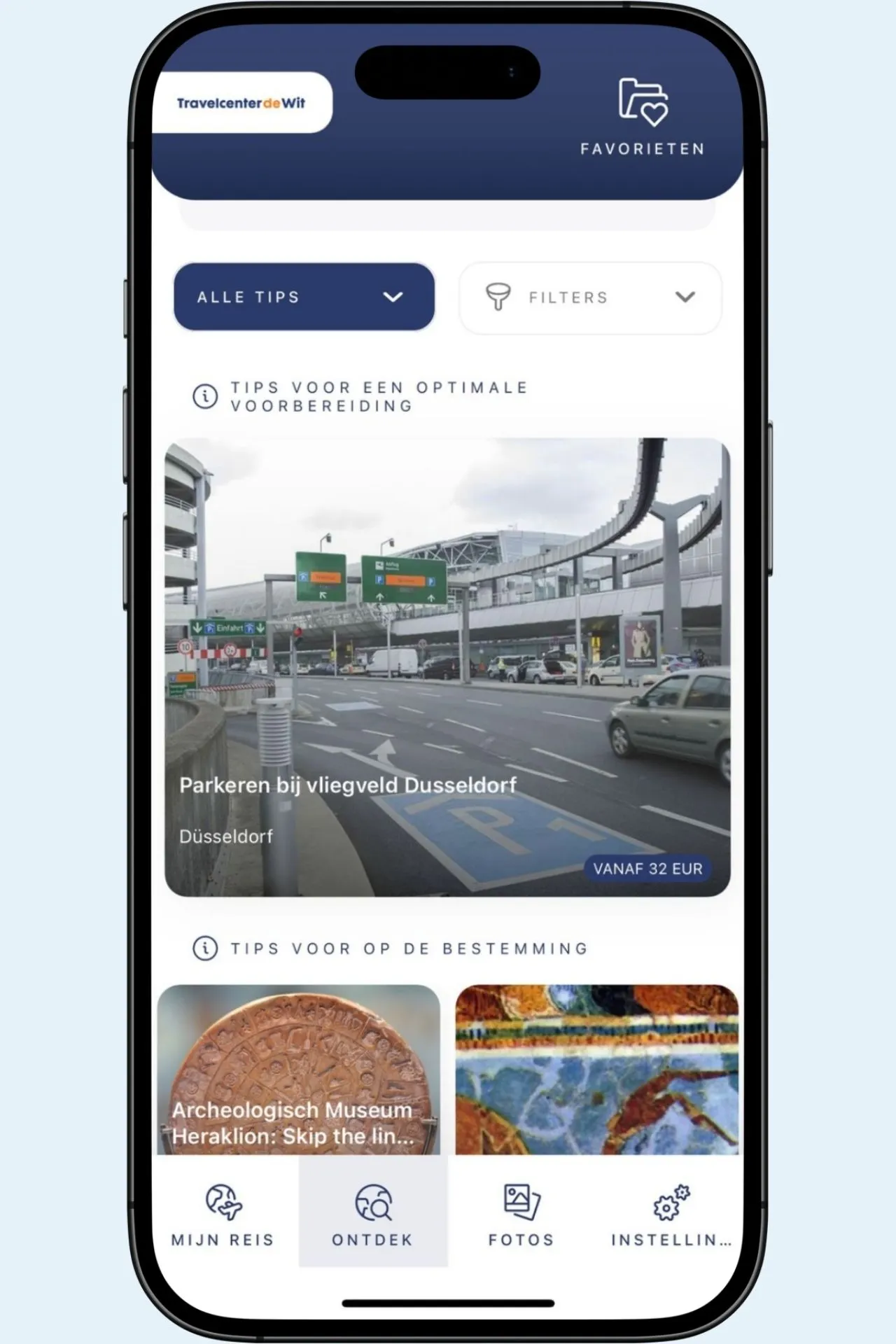 Screenshot van de Discover-pagina in de Travelcenter app, met tips voor een optimale voorbereiding zoals parkeren bij vliegveld Dusseldorf en tips voor op bestemming.