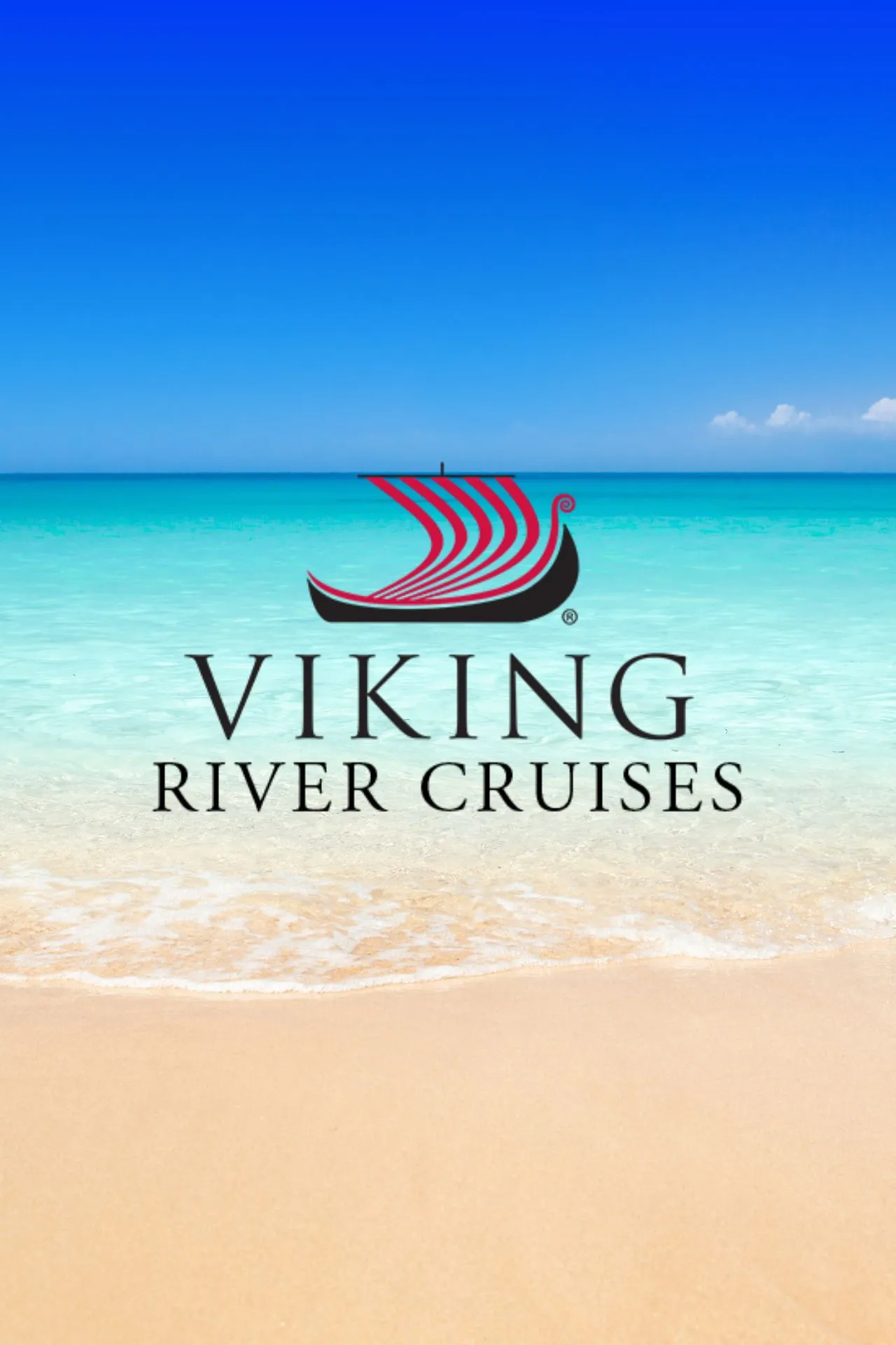 Logo van Viking River Cruises voor een turquoise zee en een helderblauwe lucht.