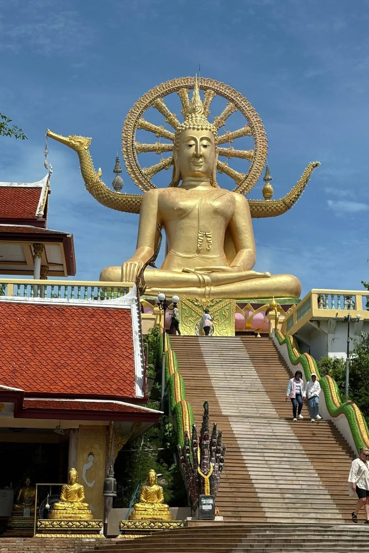 Enorm gouden Boeddhabeeld gezeten in lotushouding bovenaan een trap met groene draken, tegen een heldere blauwe lucht.