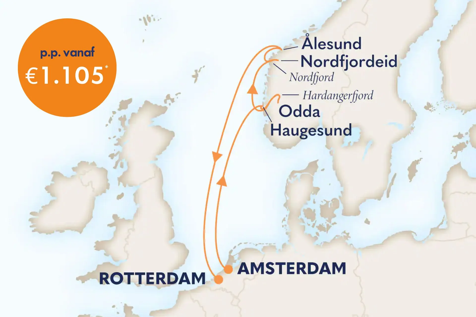 Cruise van Rotterdam en Amsterdam naar minder bekende parels in Noorwegen zoals Ålesund, Nordfjordeid, Haugesund en Odda, met vaart door de Hardangerfjord en Nordfjord.