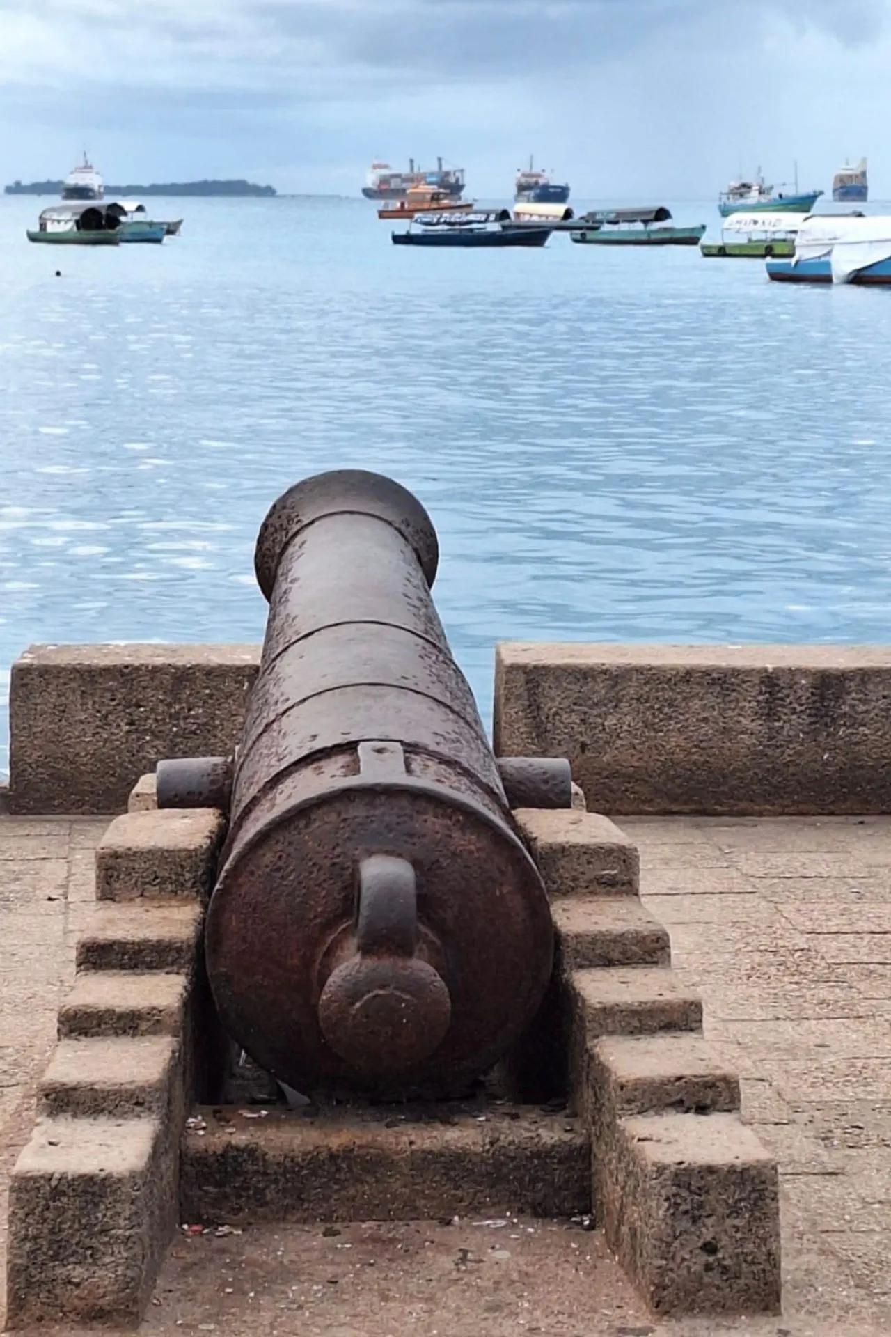 Historisch kanon aan de kust van Stone Town op Zanzibar met uitzicht over de Indische Oceaan. Deze UNESCO-werelderfgoedstad staat bekend om haar rijke handelsverleden, smalle steegjes en culturele bezienswaardigheden. Stone Town is een van de meest bezochte excursiebestemmingen tijdens een vakantie op Zanzibar.