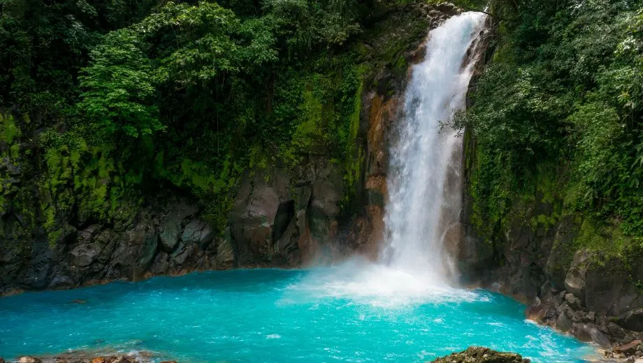 Een betoverende waterval stroomt uit dichtbegroeide groene bossen in azuurblauw water in Costa Rica. De waterval klettert langs een rotsachtige klif, omringd door weelderige tropische planten, bomen en varens. Het water in het bassin heeft een heldere, rustgevende blauwe tint, terwijl zacht zonlicht door het gebladerte schijnt en een warme gloed over het water en de rotsen werpt