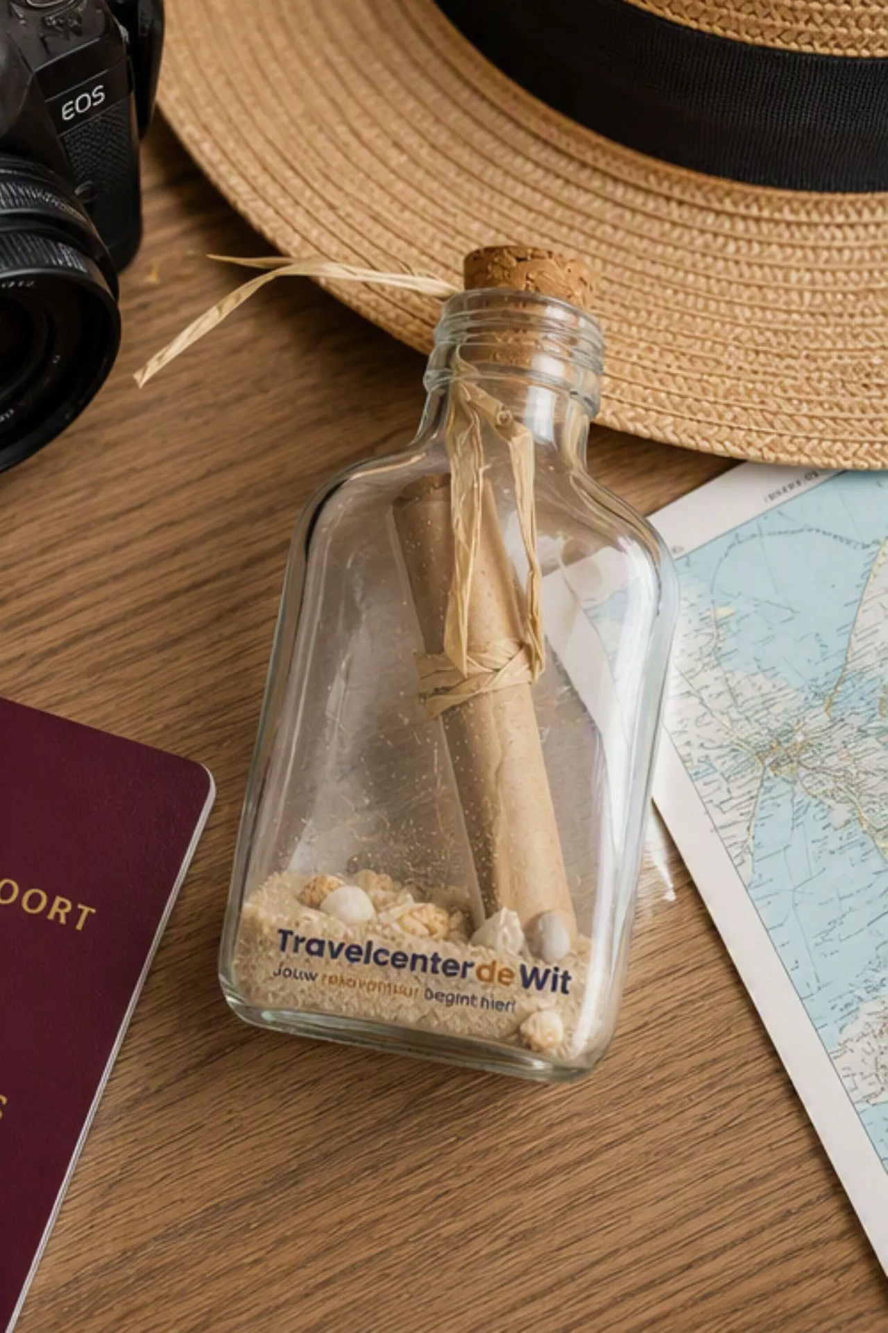 Reischeque van Travelcenter de Wit in een decoratieve glazen fles met zand en schelpjes, naast een paspoort, camera, kaart en zonnehoed. De afbeelding symboliseert een vakantie cadeau, cadeaubon voor een reis of reischeque voor een zonnige vakantie, stedentrip of rondreis.
