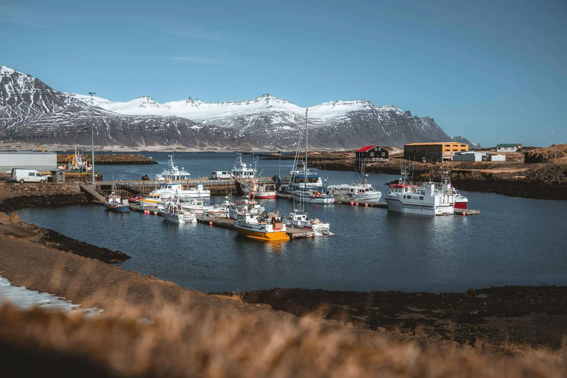 Vissershaven van Djúpivogur in Oost-IJsland met boten en besneeuwde bergen op de achtergrond.  Haven van Djúpivogur in Oost-IJsland
De sfeervolle haven van Djúpivogur wordt omringd door ruige bergen en uitgestrekte natuur.