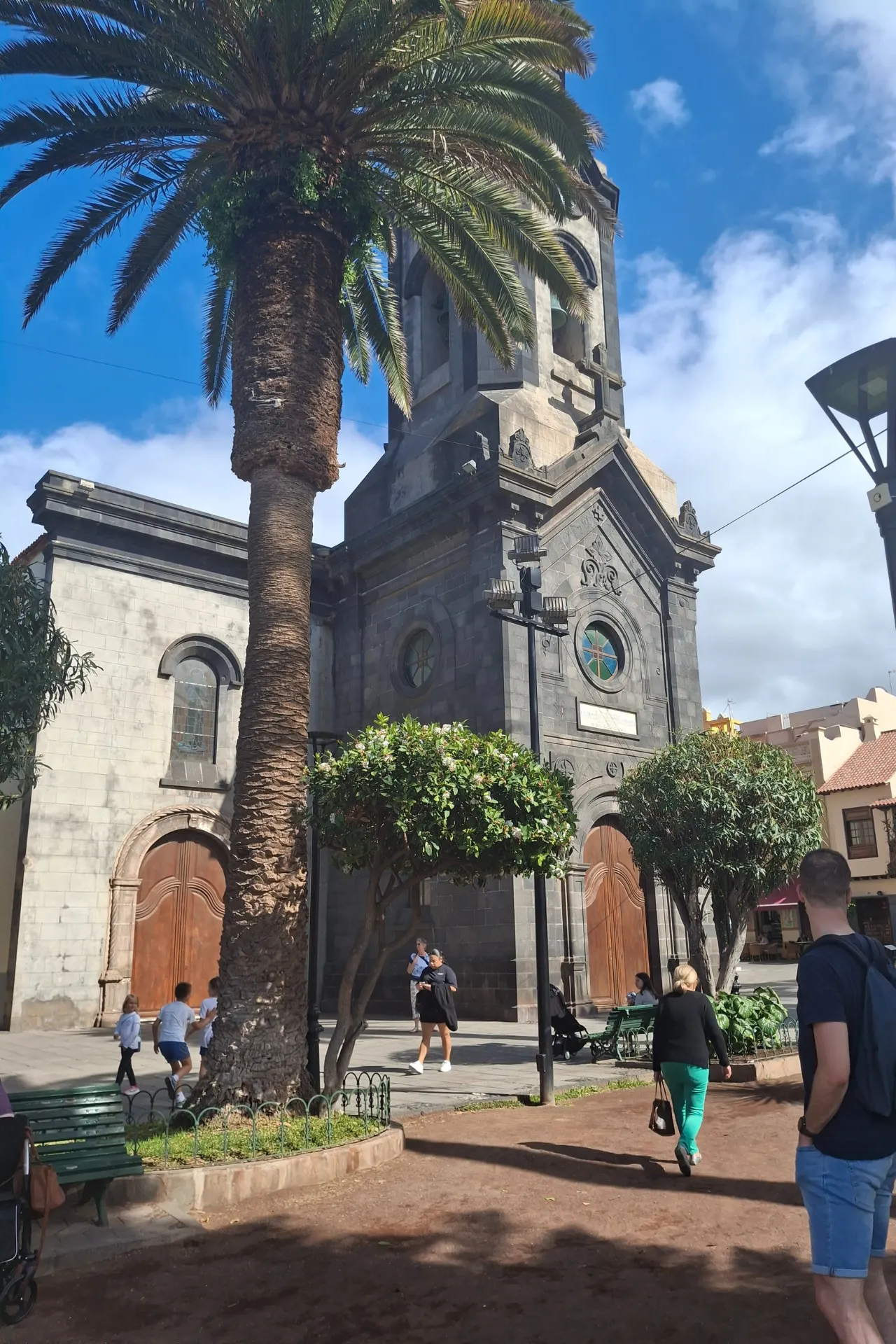 Het charmante stadje Puerto de la Cruz, met een mooie kerk en palmbomen in het landschap."