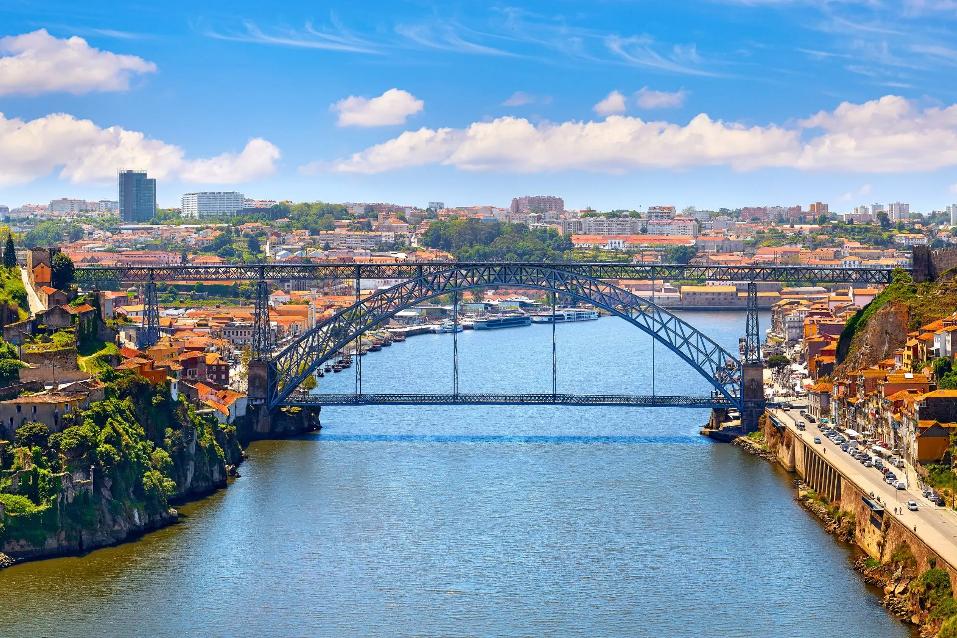 Uitzicht over de rivier de Douro in Porto met de karakteristieke Dom Luís I‑brug, kleurrijke bebouwing en de historische stad langs de kade.
