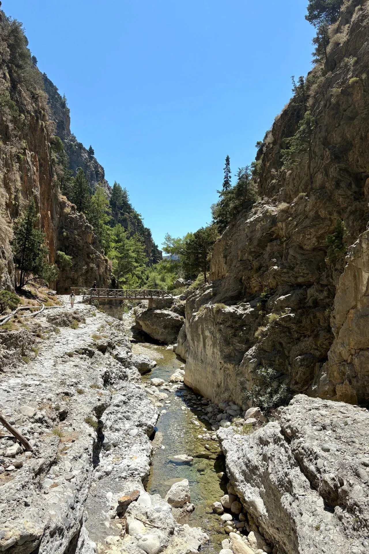 Smalle rivierbedding tussen steile rotswanden met een houten brug en wandelpad in de Samariakloof op Kreta, onder een strakblauwe lucht.