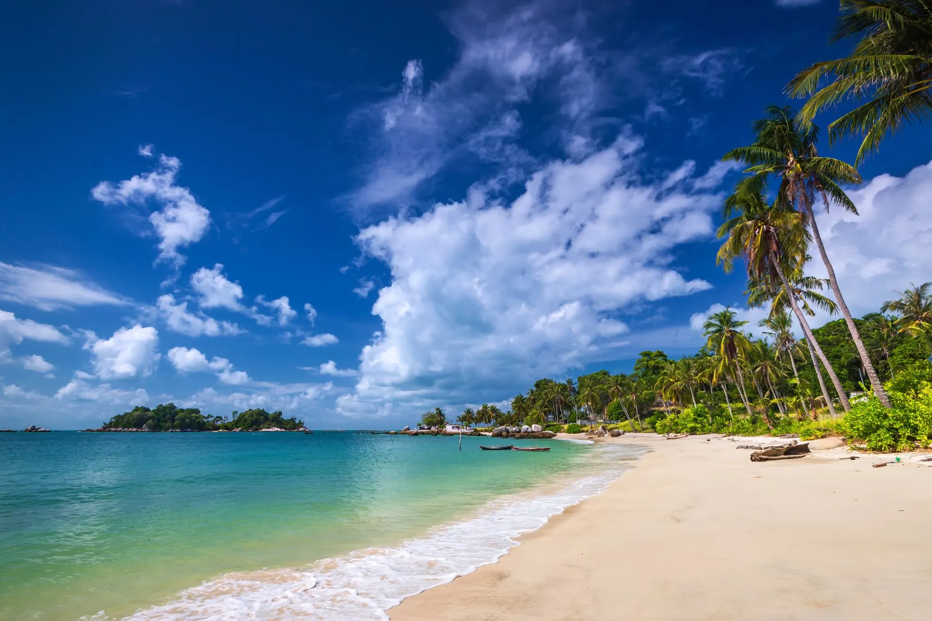 Tropisch strand op Bintan met wuivende palmbomen, wit zand en helderblauw water