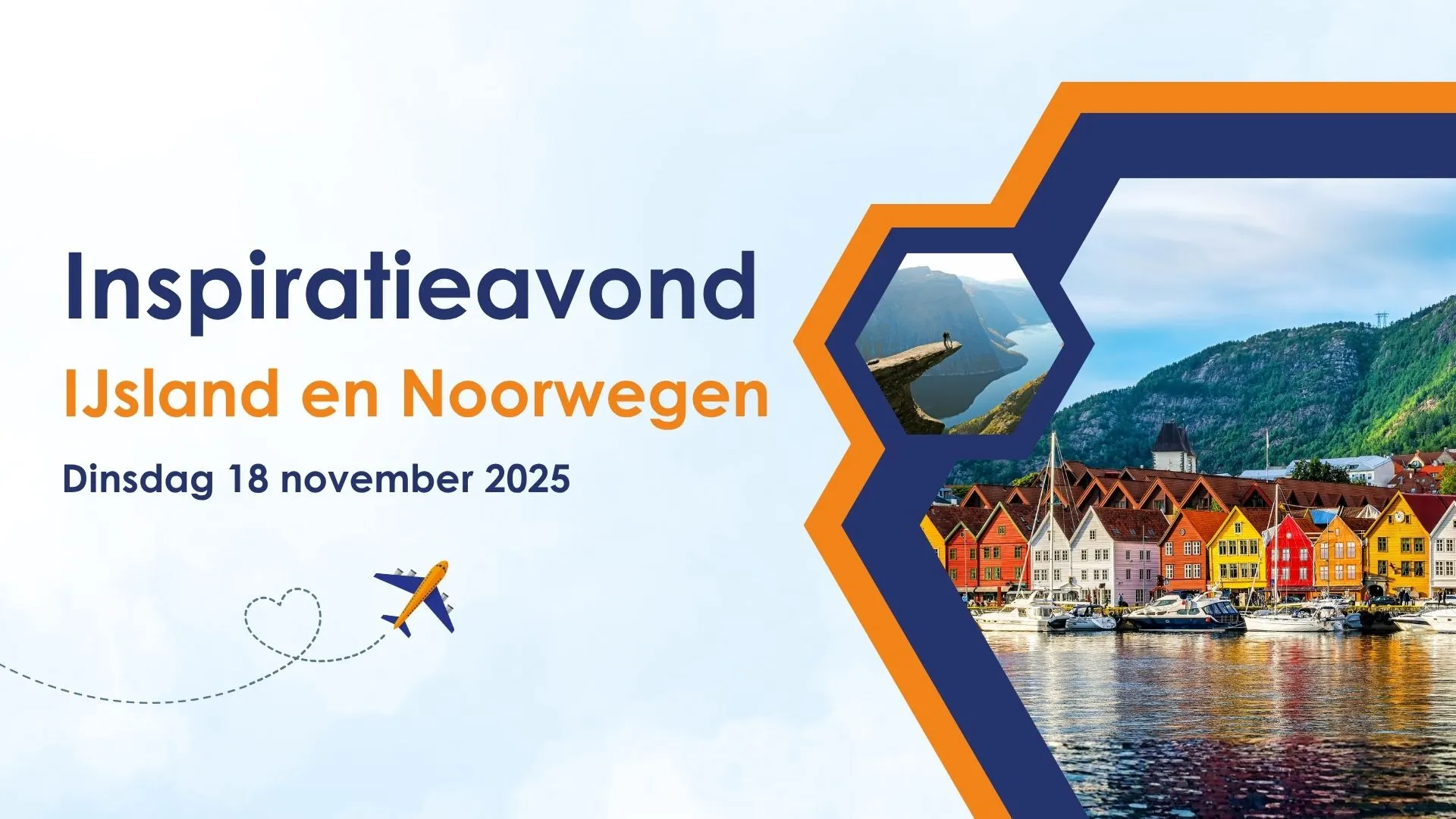 Promotieafbeelding voor de inspiratieavond IJsland en Noorwegen van Travelcenter de Wit op dinsdag 18 november 2025. Links staat de tekst met datum, rechts zijn foto’s te zien van IJsland en Noorwegen