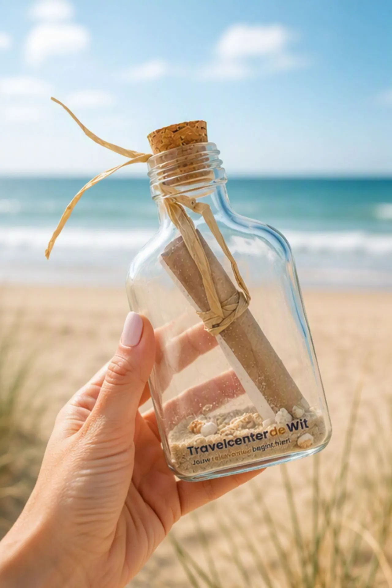 Hand houdt een reischeque van Travelcenter de Wit vast in een glazen fles met zand en mini schelpjes, met op de achtergrond een zonnig strand en de zee. De afbeelding staat voor een origineel vakantiecadeau, reiscadeaubon of cadeaubon voor een onvergetelijke reis.