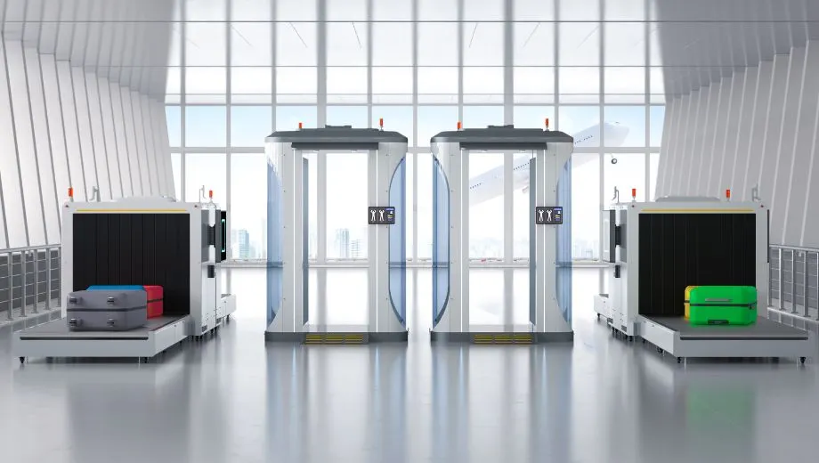 "Moderne luchthavenbeveiliging met geavanceerde scanners en detectiepoorten voor bagagecontrole. Twee grote bagagescanners tonen koffers in verschillende kleuren, terwijl drie doorgangsscanners klaarstaan voor passagiers. Op de achtergrond is een vliegtuig zichtbaar door de glazen ramen, wat de internationale reisomgeving benadrukt. Deze setting weerspiegelt veiligheid, technologie en efficiëntie op vliegvelden wereldwijd."