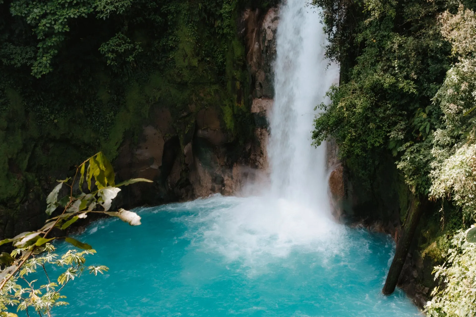 Een indrukwekkende waterval met helderblauw water omringd door weelderige groene vegetatie in Costa Rica.