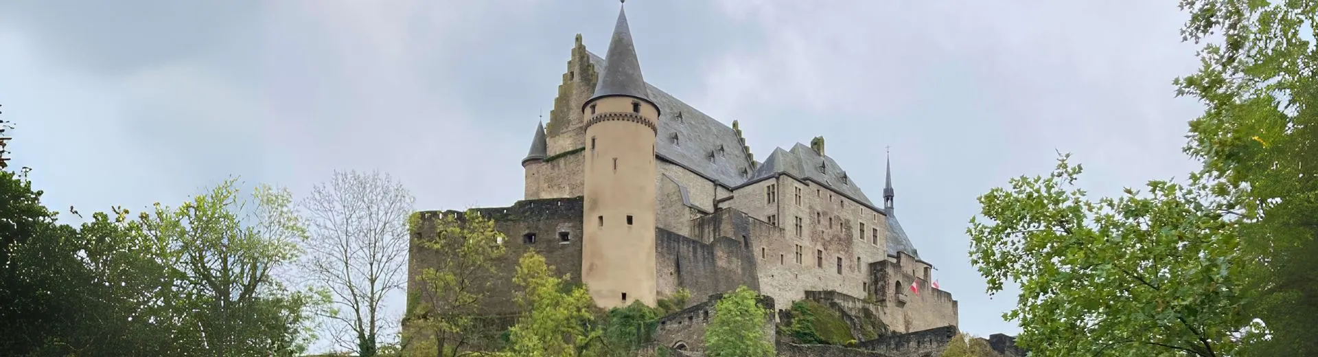 Het indrukwekkende Kasteel van Vianden, gelegen op een heuvel en omringd door groene bomen, tegen een licht bewolkte lucht in Luxemburg.