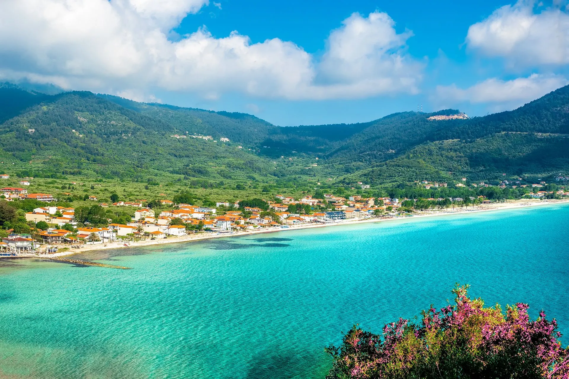 Groene kustlijn en stranddorp op Thassos, één van de rustigste Griekse eilanden