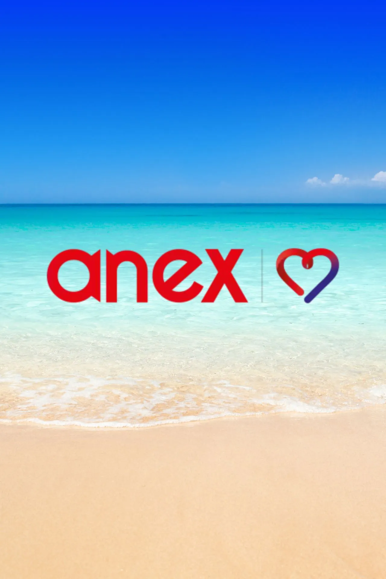 Het logo van ANEX Tour, met als achtergrond een helderblauwe lucht en een strand.